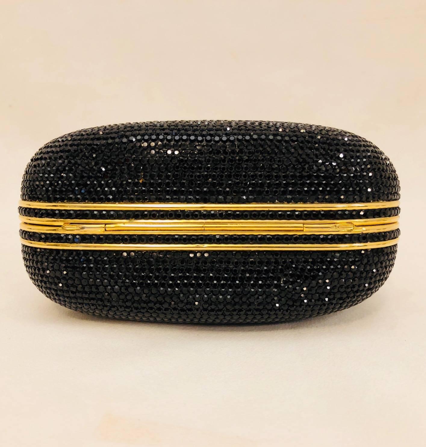 Jeweled Judith Leiber Black Swarovski Crystal Minaudiere with Gold Tone Hardware 2