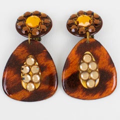 Jeweled Lucite Dangle Clip Earrings with Cheetah Print