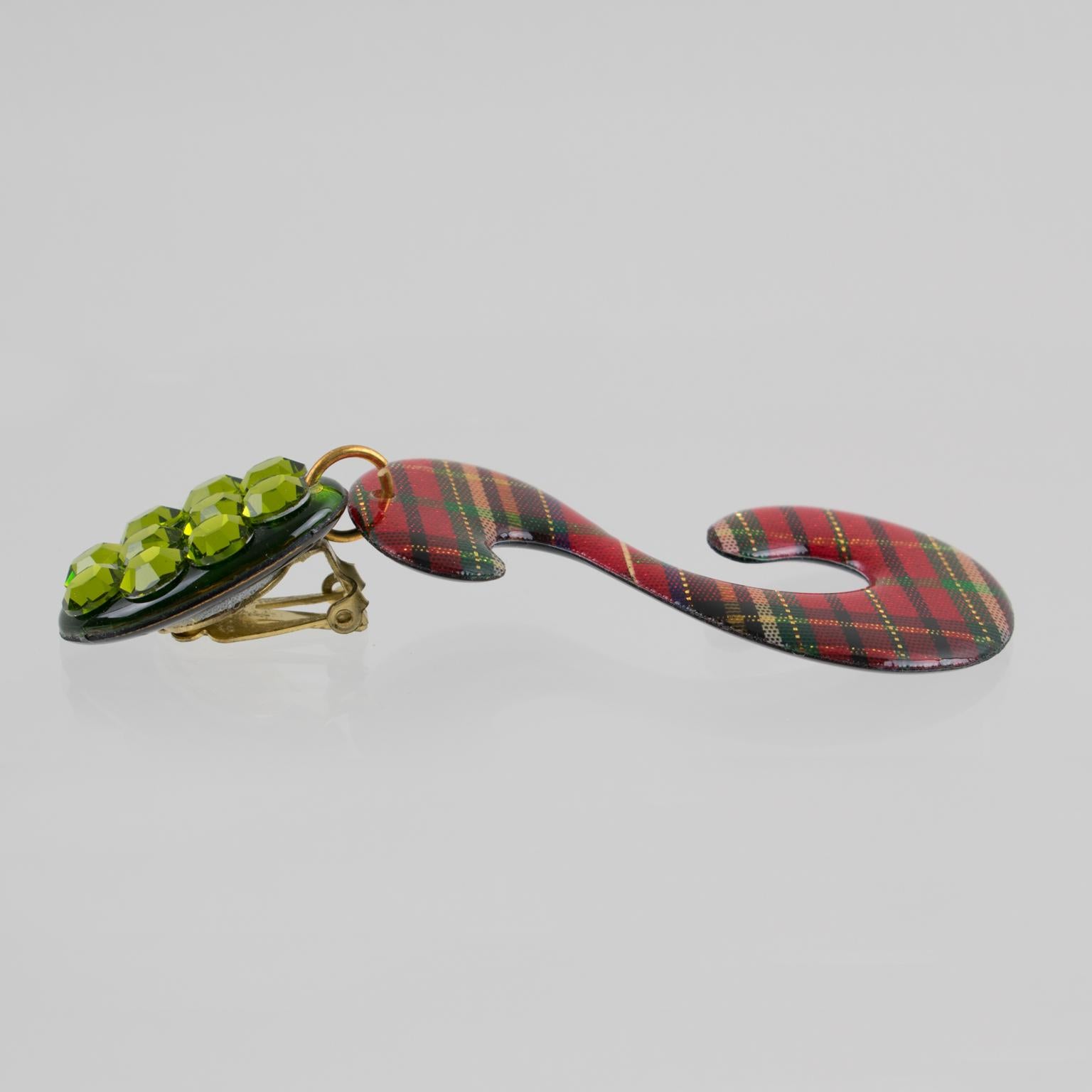 Women's or Men's Jeweled Clip-on Earrings with Scottish Tartan Pattern For Sale
