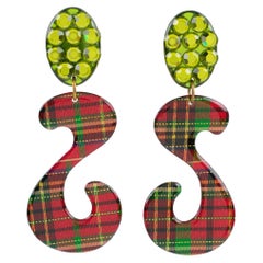 Jeweled Lucite Dangle Clip-on Earrings with Scottish Tartan Pattern