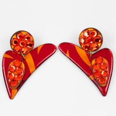 Jeweled Pierced Earrings Flame Red and Orange