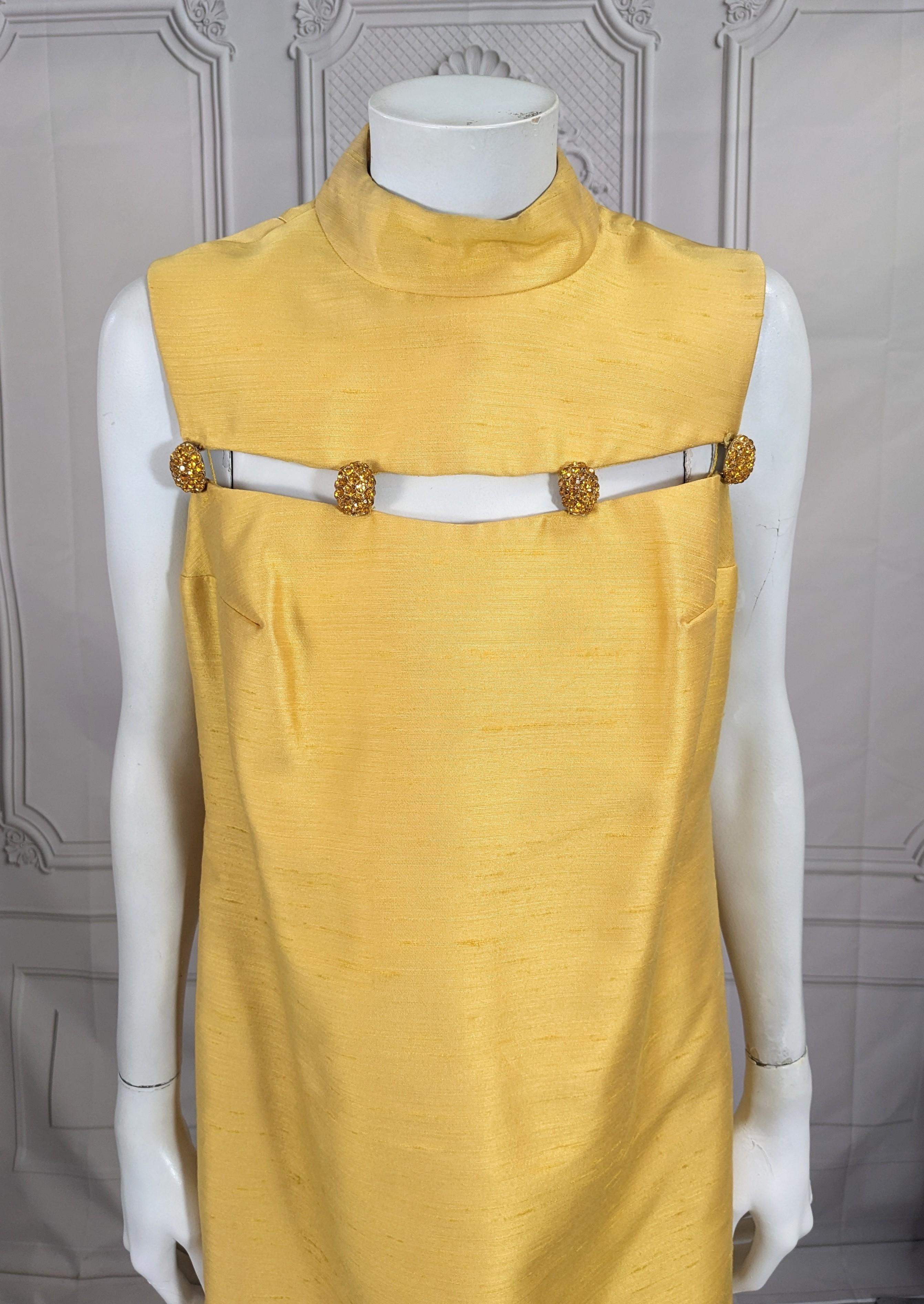 Jeweled Raw Silk Gold Mini Dress In Good Condition For Sale In New York, NY
