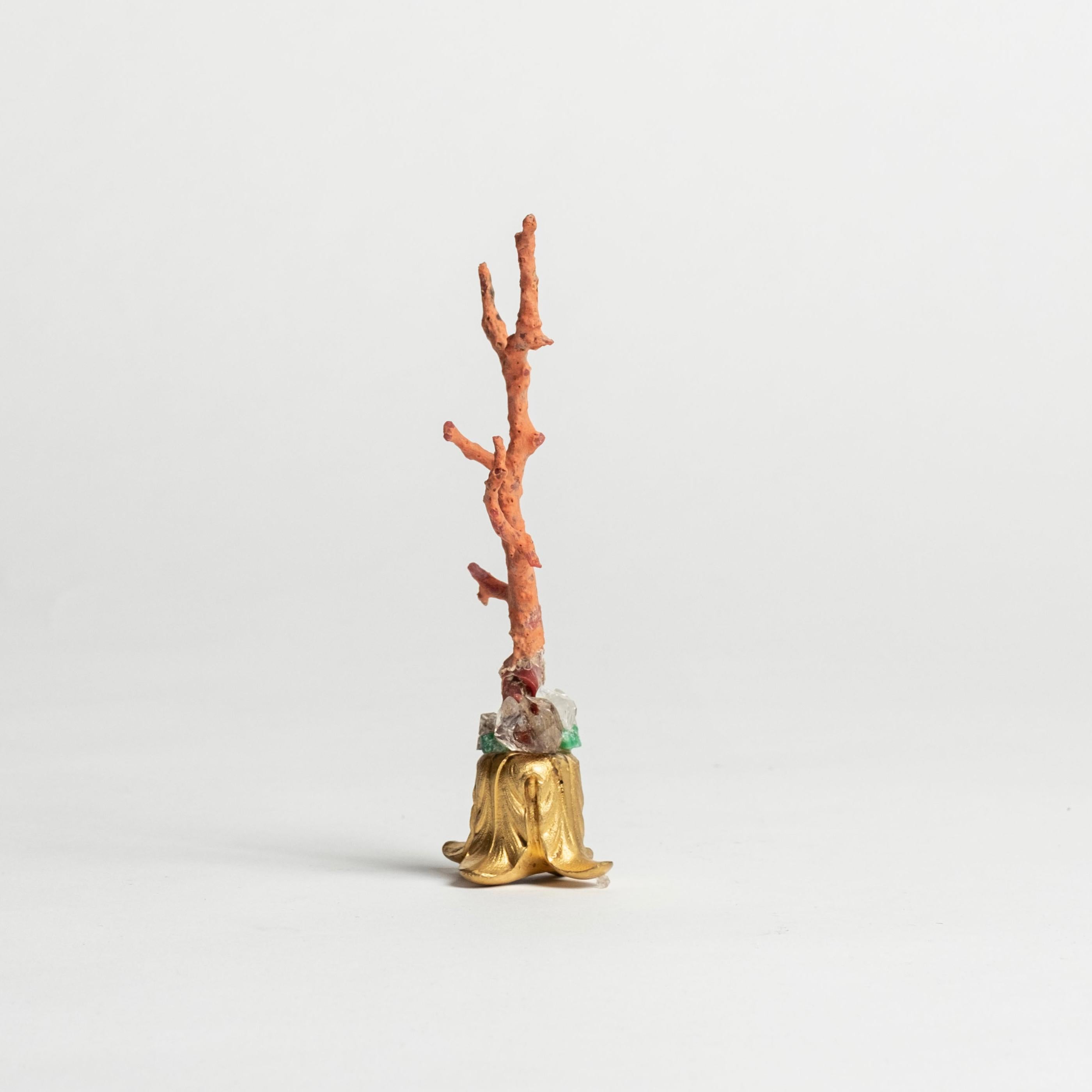 Jeweled Red Coral Sculpture~ Napoleon III Bronze Doré Fragment In Good Condition For Sale In Houston, TX