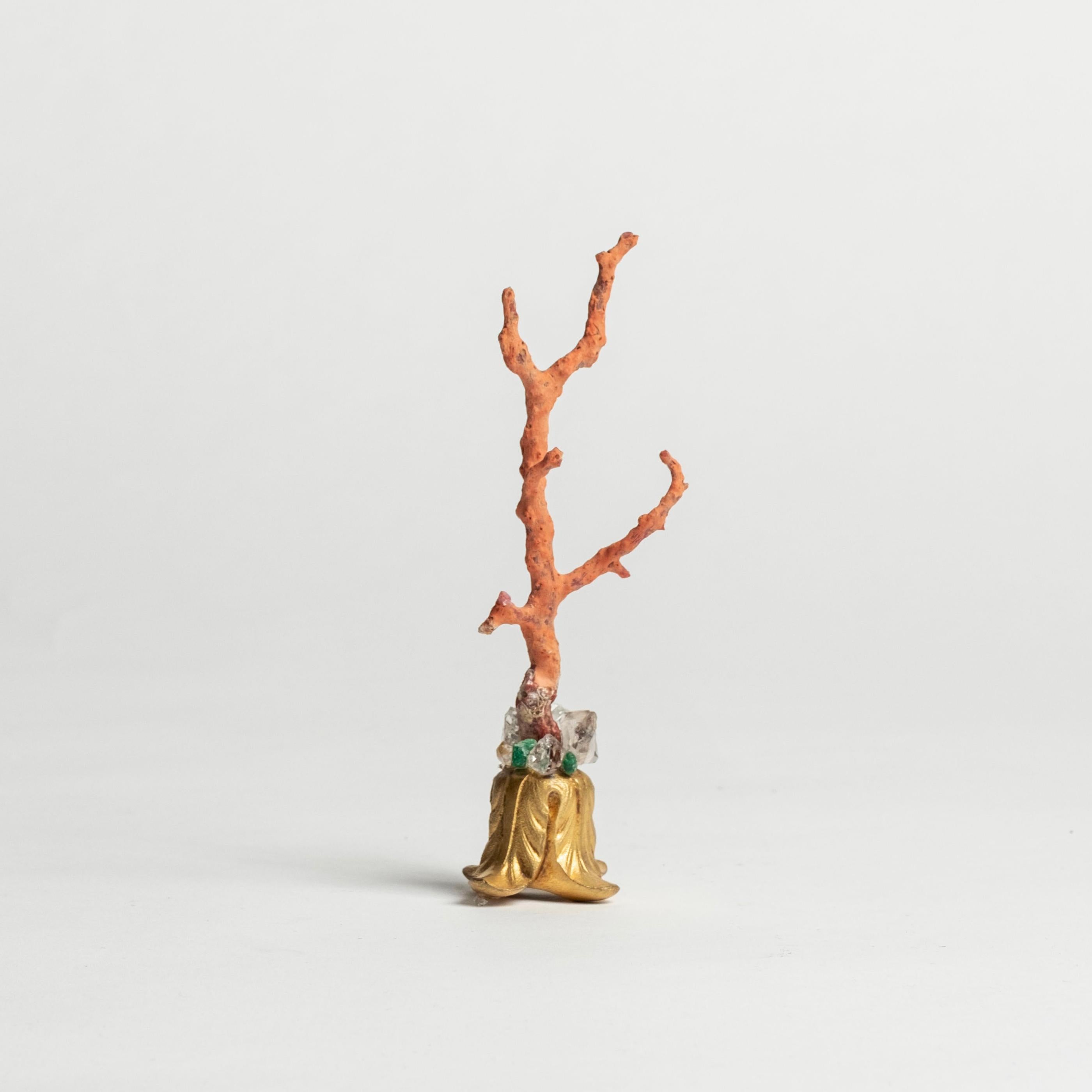 Contemporary Jeweled Red Coral Sculpture~ Napoleon III Bronze Doré Fragment For Sale