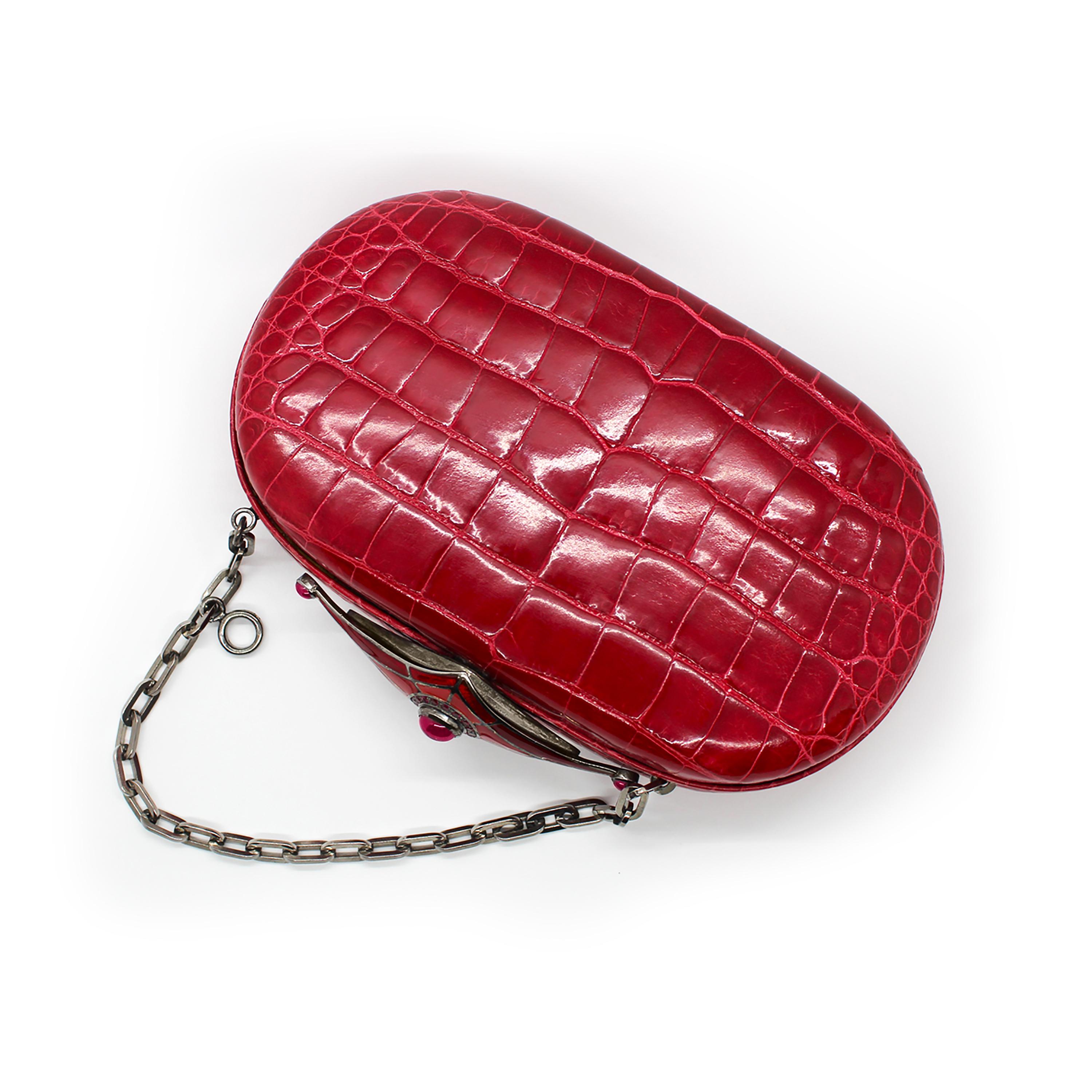 Contemporary Jeweled Ruby Silver Enamel Clasp Red Alligator Skin Minaudière