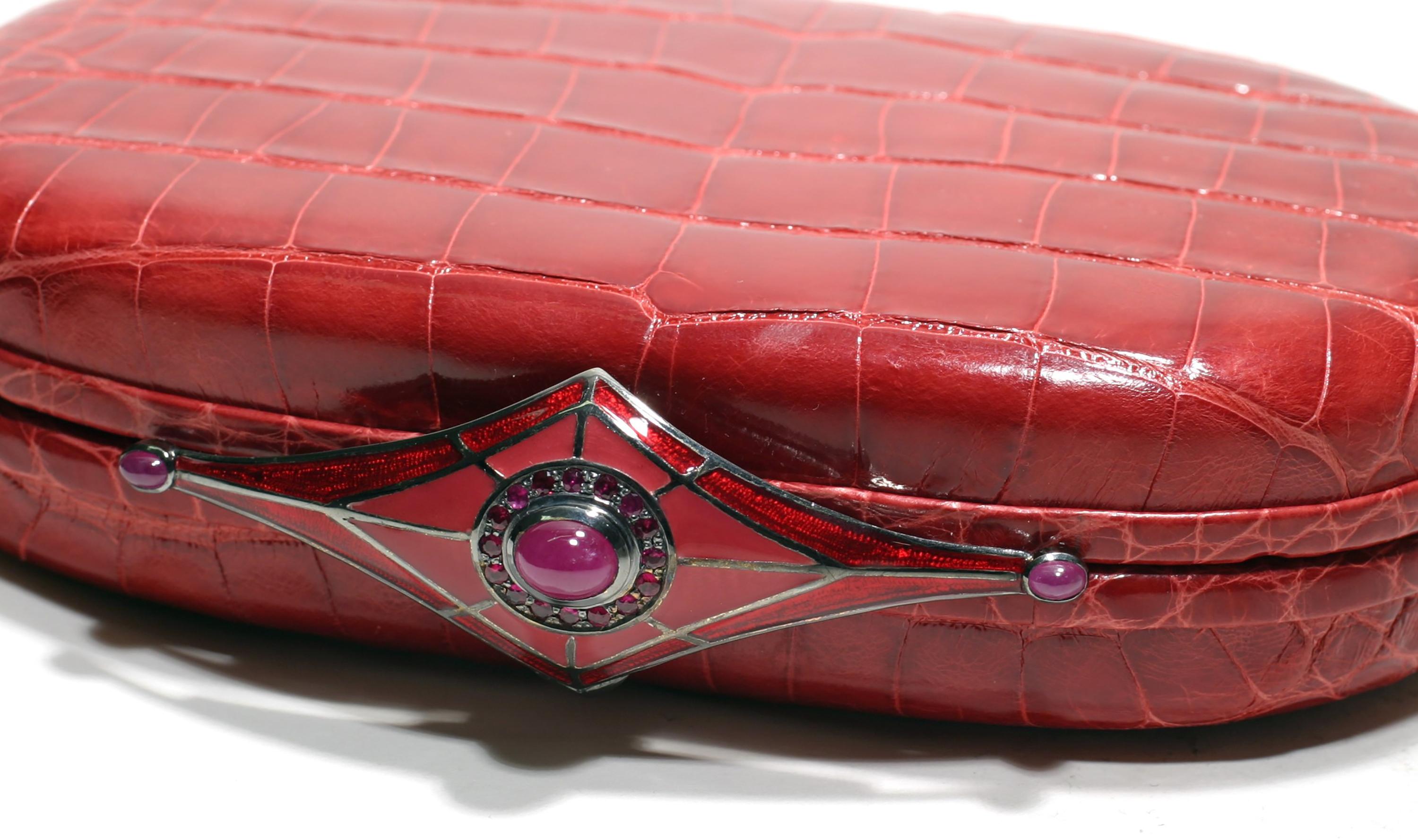 Women's or Men's Jeweled Ruby Silver Enamel Clasp Red Alligator Skin Minaudière