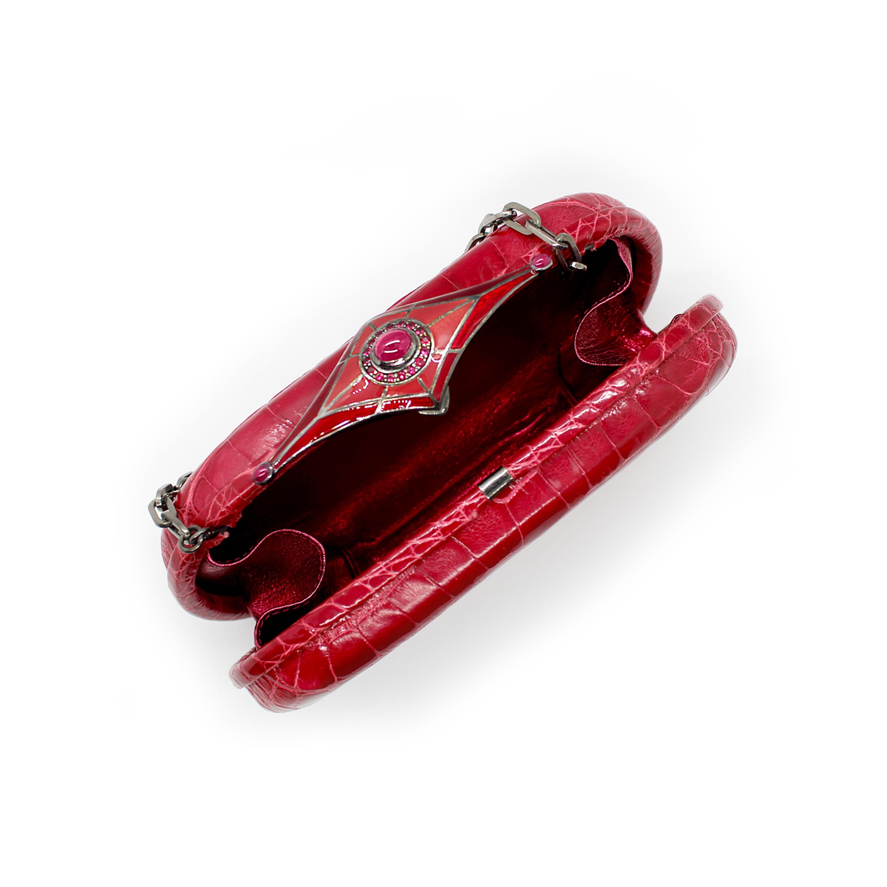 Jeweled Ruby Silver Enamel Clasp Red Alligator Skin Minaudière 1