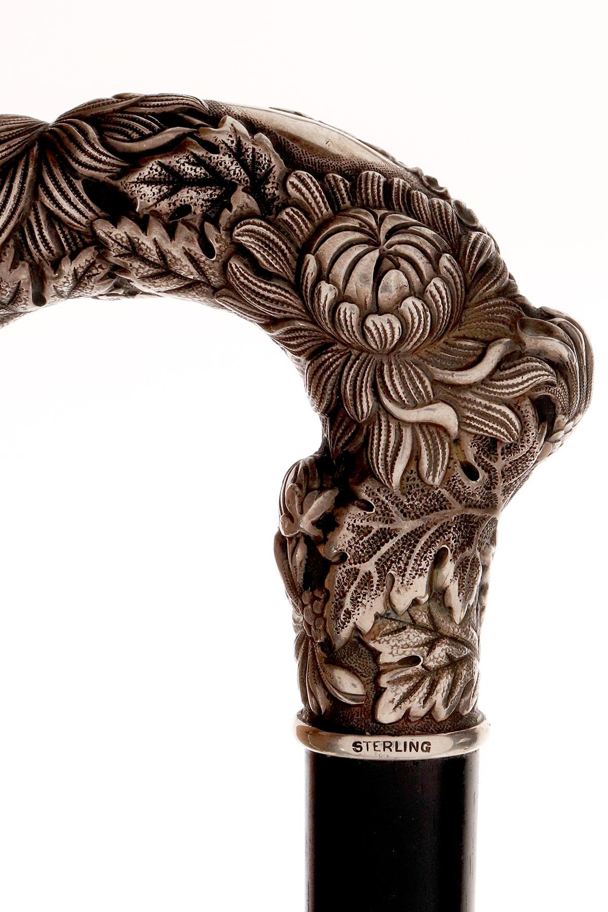 Jeweled silver walking stick depicting chrysanthemums, by Tiffany, USA 1890-1900 For Sale 4