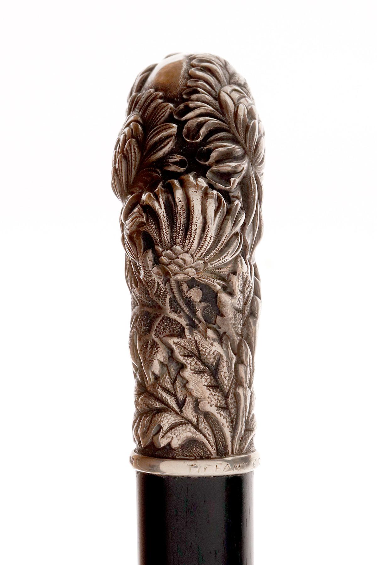 19th Century Jeweled silver walking stick depicting chrysanthemums, by Tiffany, USA 1890-1900 For Sale