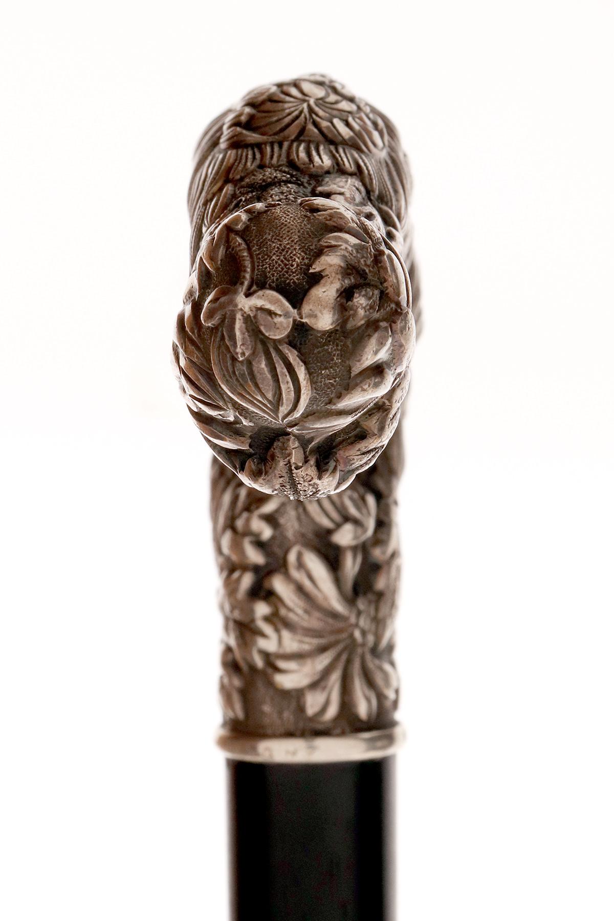 Metal Jeweled silver walking stick depicting chrysanthemums, by Tiffany, USA 1890-1900 For Sale