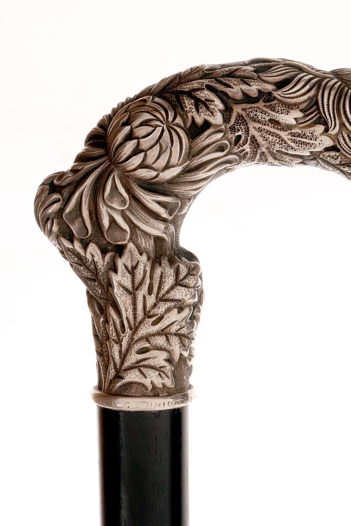 Jeweled silver walking stick depicting chrysanthemums, by Tiffany, USA 1890-1900 For Sale 1