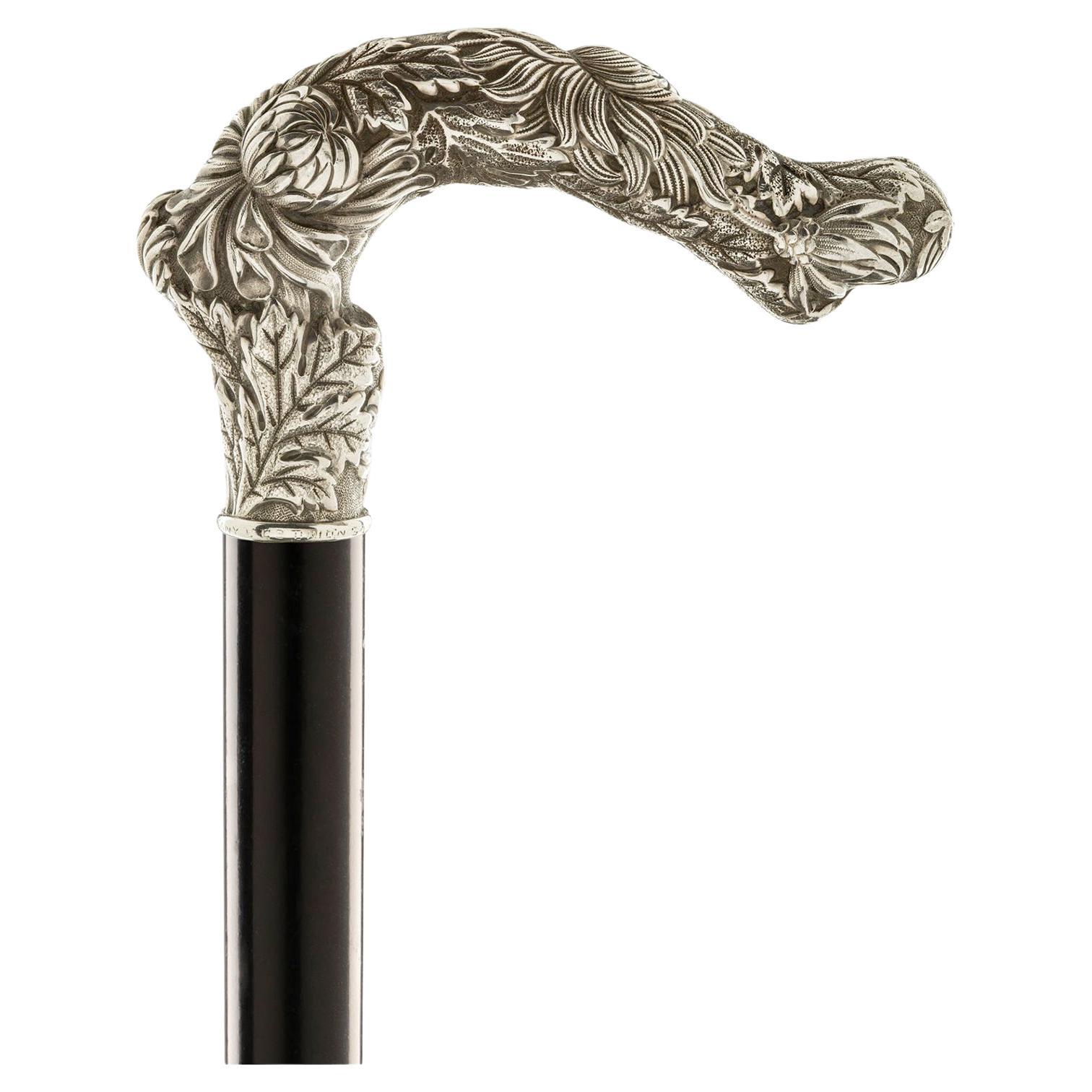 Juwelenbesetzter silberner Spazierstock mit Chrysanthemen-Darstellung, von Tiffany, USA 1890-1900