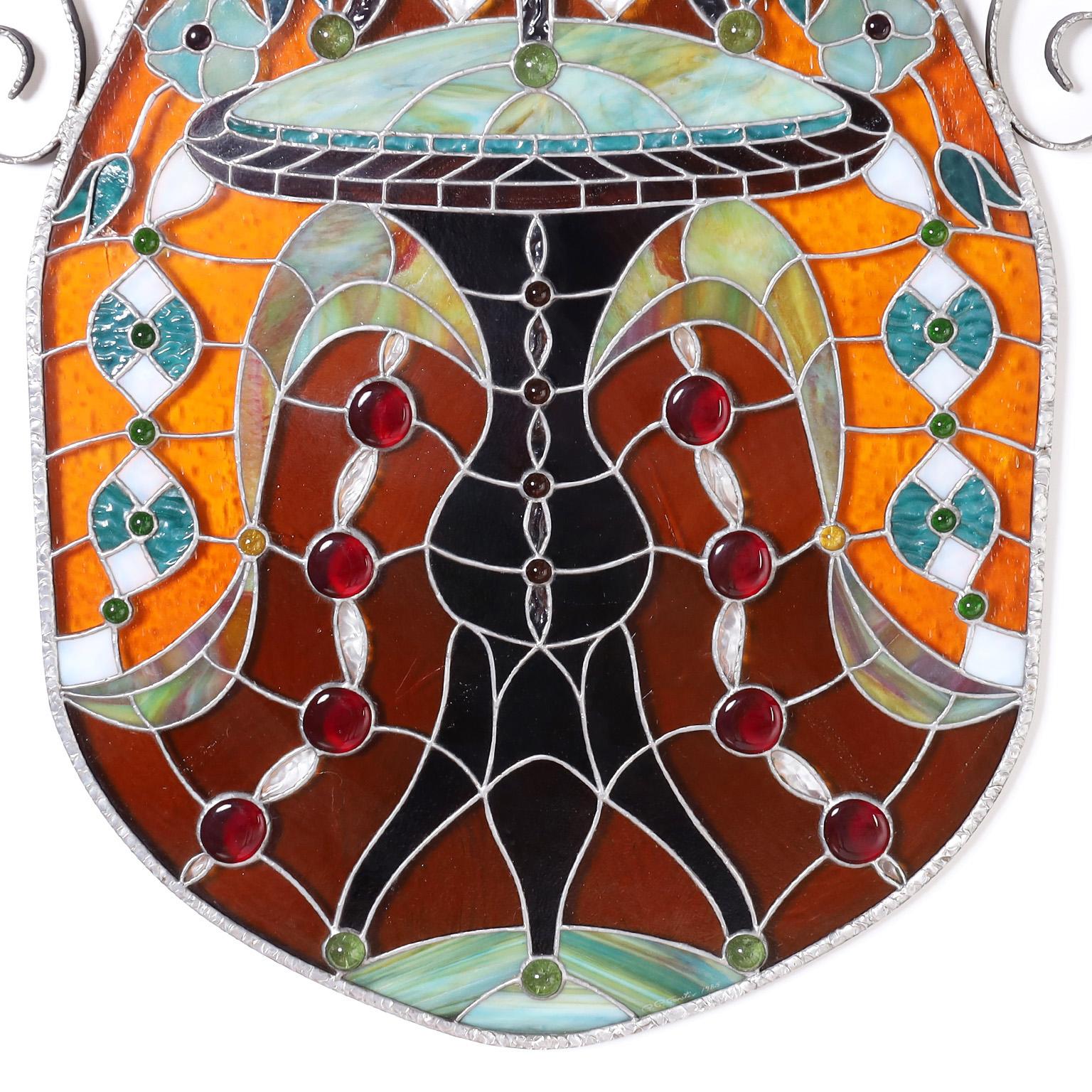 Jeweled Stained Glass Panel with a Floral Motif In Good Condition For Sale In Palm Beach, FL