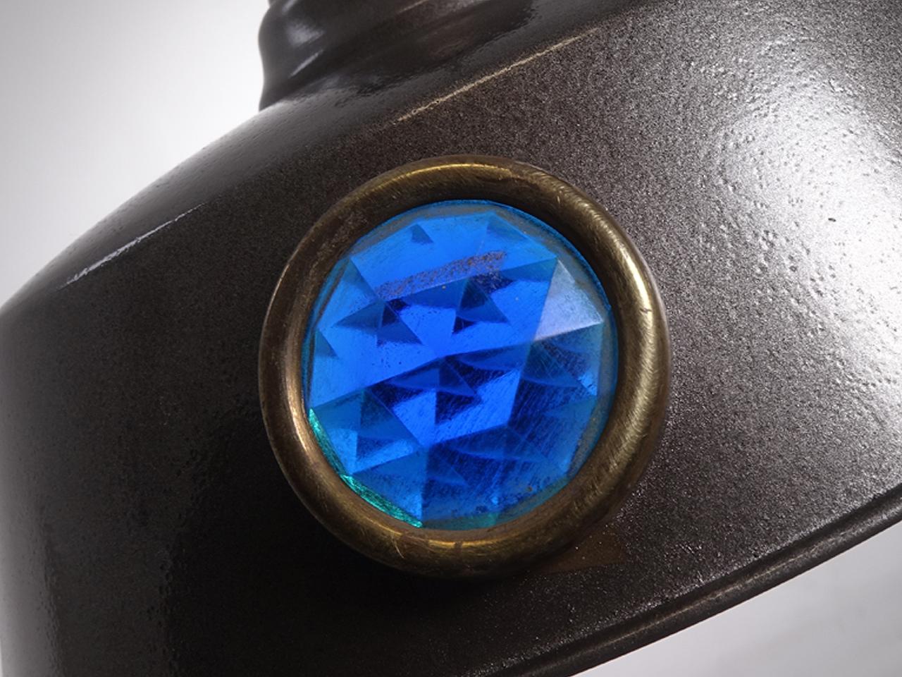 This is a nice matching pair. Each shade has 4 cut glass inserts held by a brass ring... blue, red green and amber. Priced and sold as a pair. Measures: 12 inch.