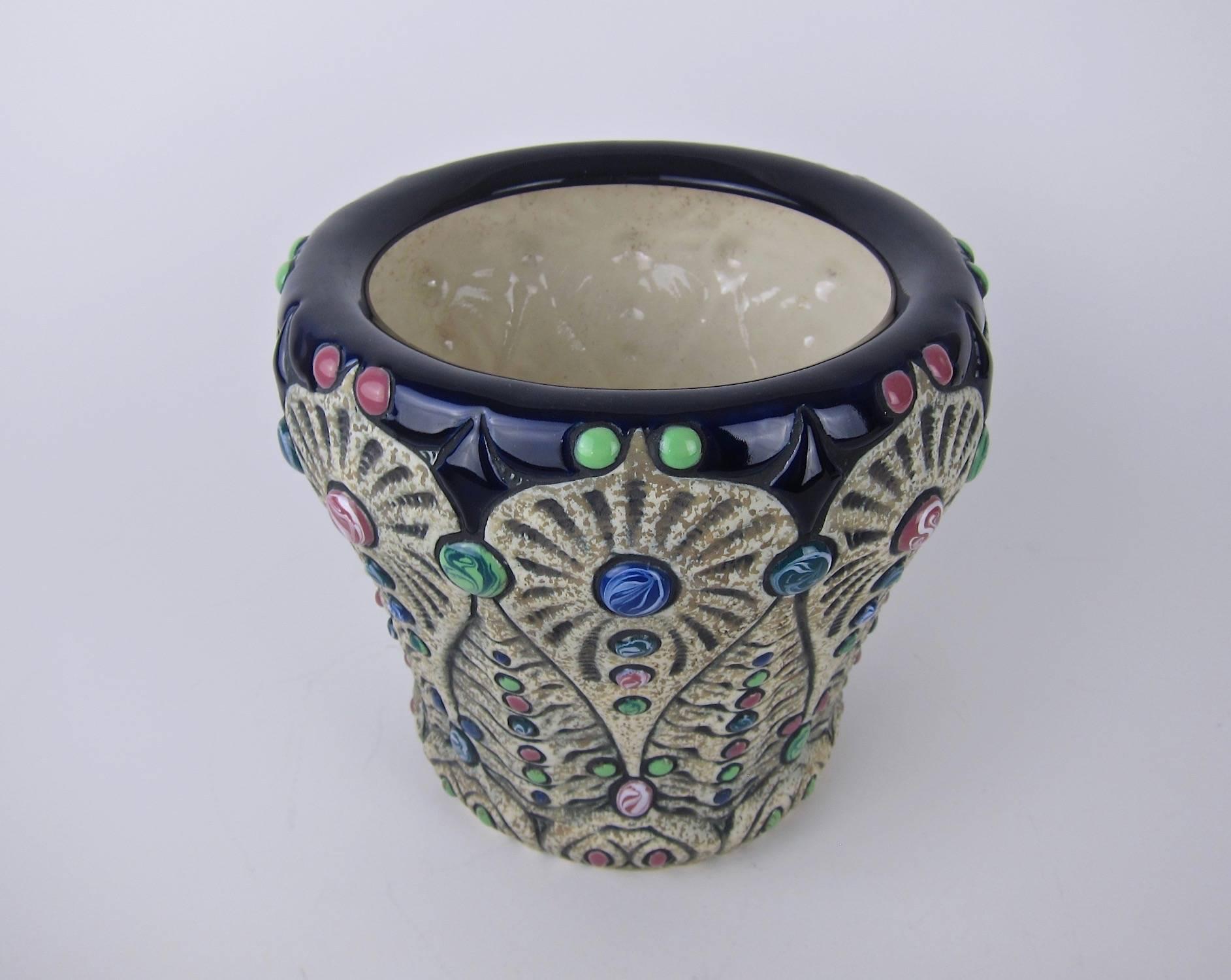 Czech Art Nouveau Amphora Pottery Cachepot Planter with Polychrome Cabochon Jewels