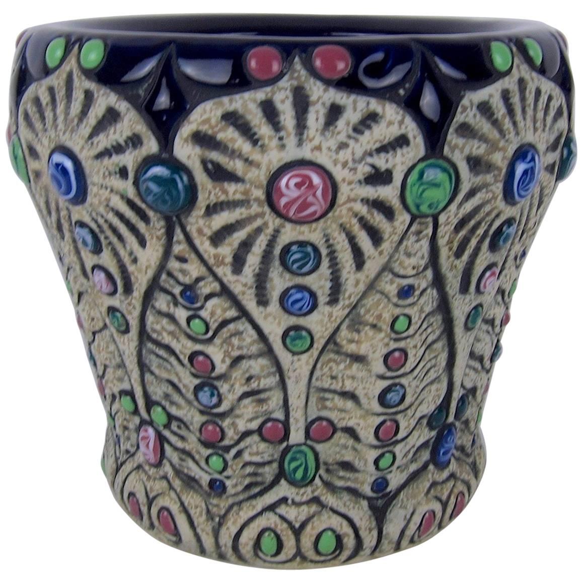 Art Nouveau Amphora Pottery Cachepot Planter with Polychrome Cabochon Jewels