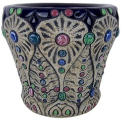 Art Nouveau Amphora Pottery Cachepot Planter with Polychrome Cabochon Jewels