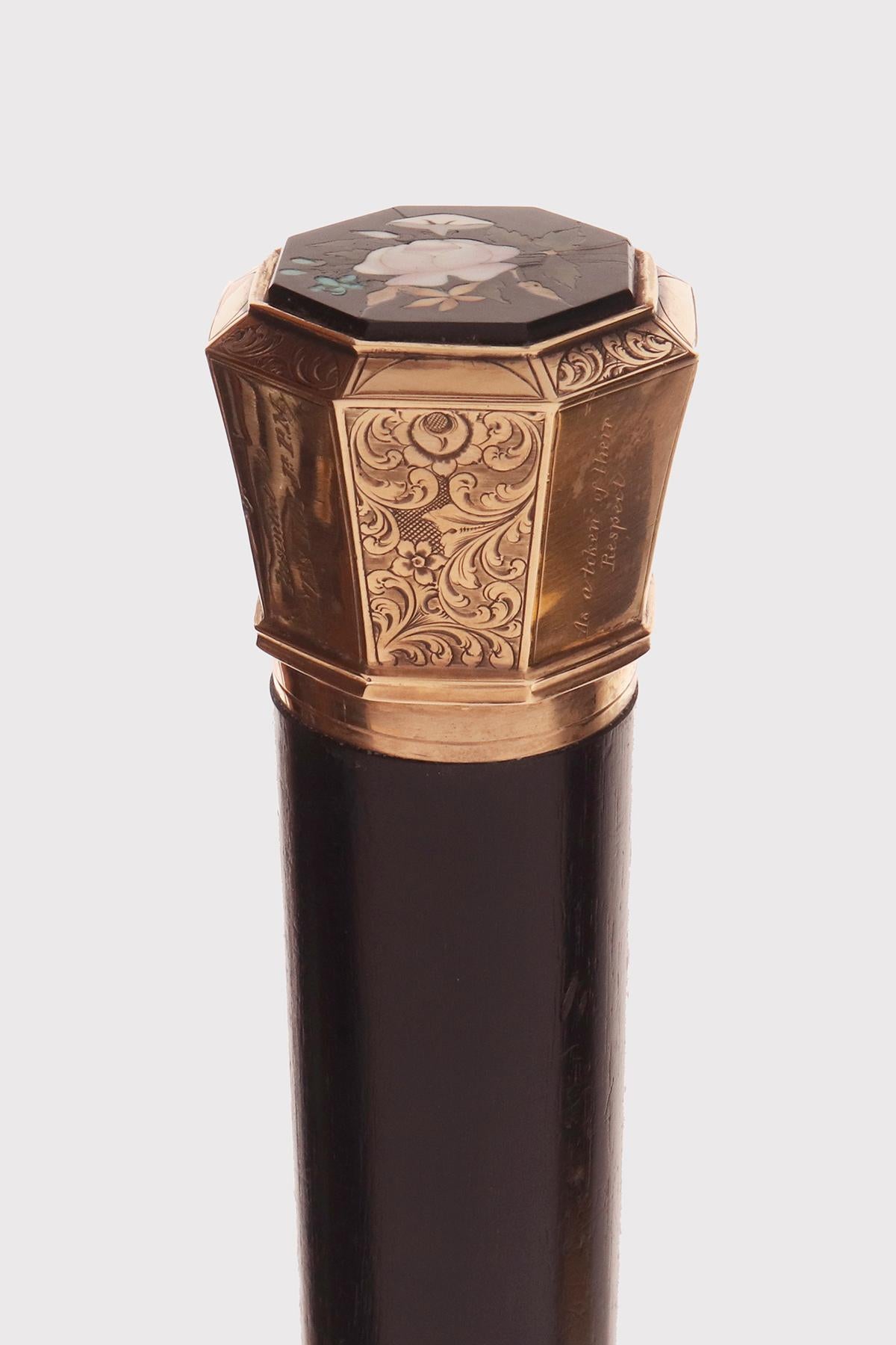 Jeweled walking stick, in gold with pietradura, Florentine mosaic. USA 1844. In Good Condition For Sale In Milan, IT