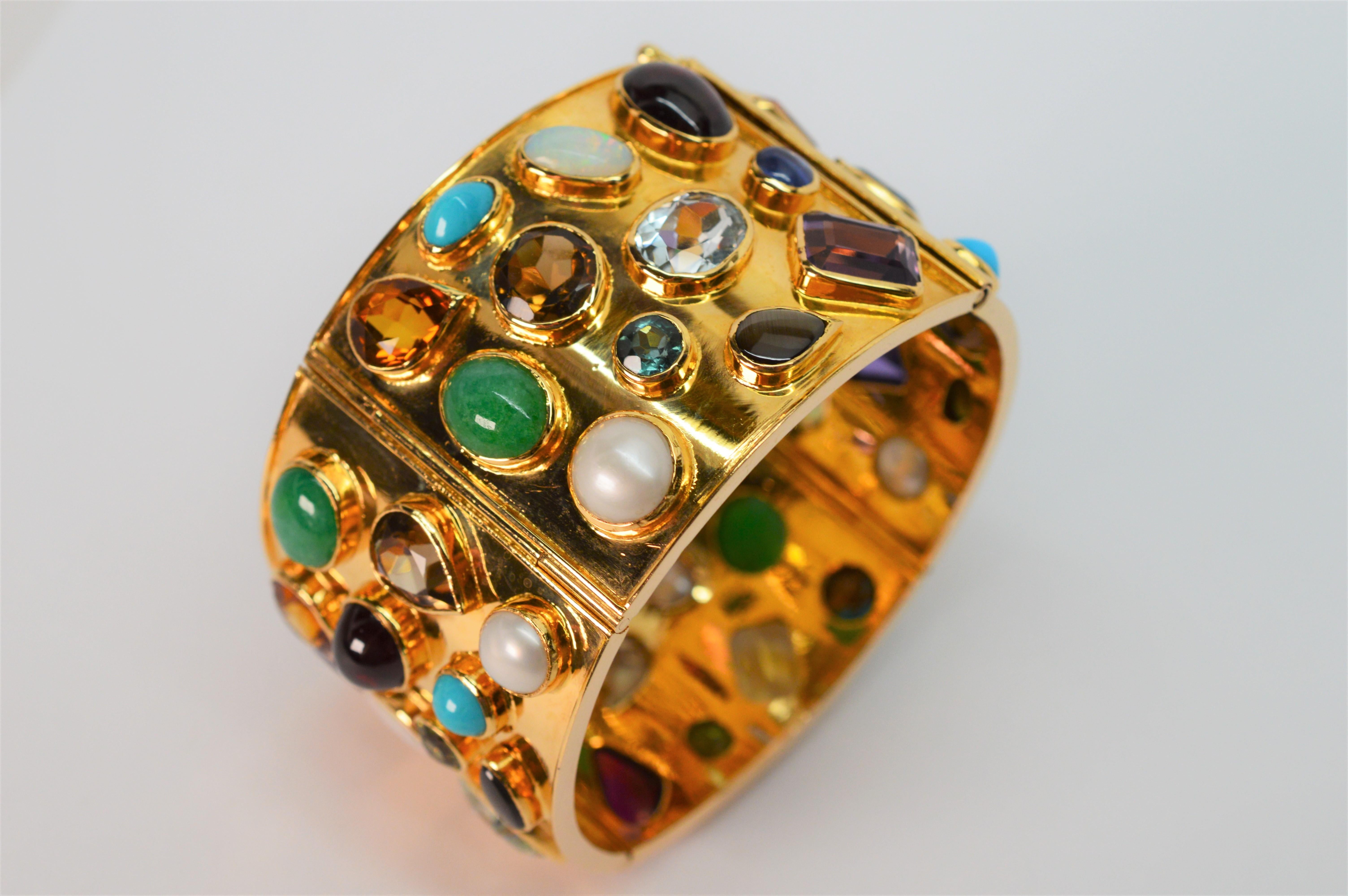 Jeweled Yellow Gold Wide Cuff Bracelet 5