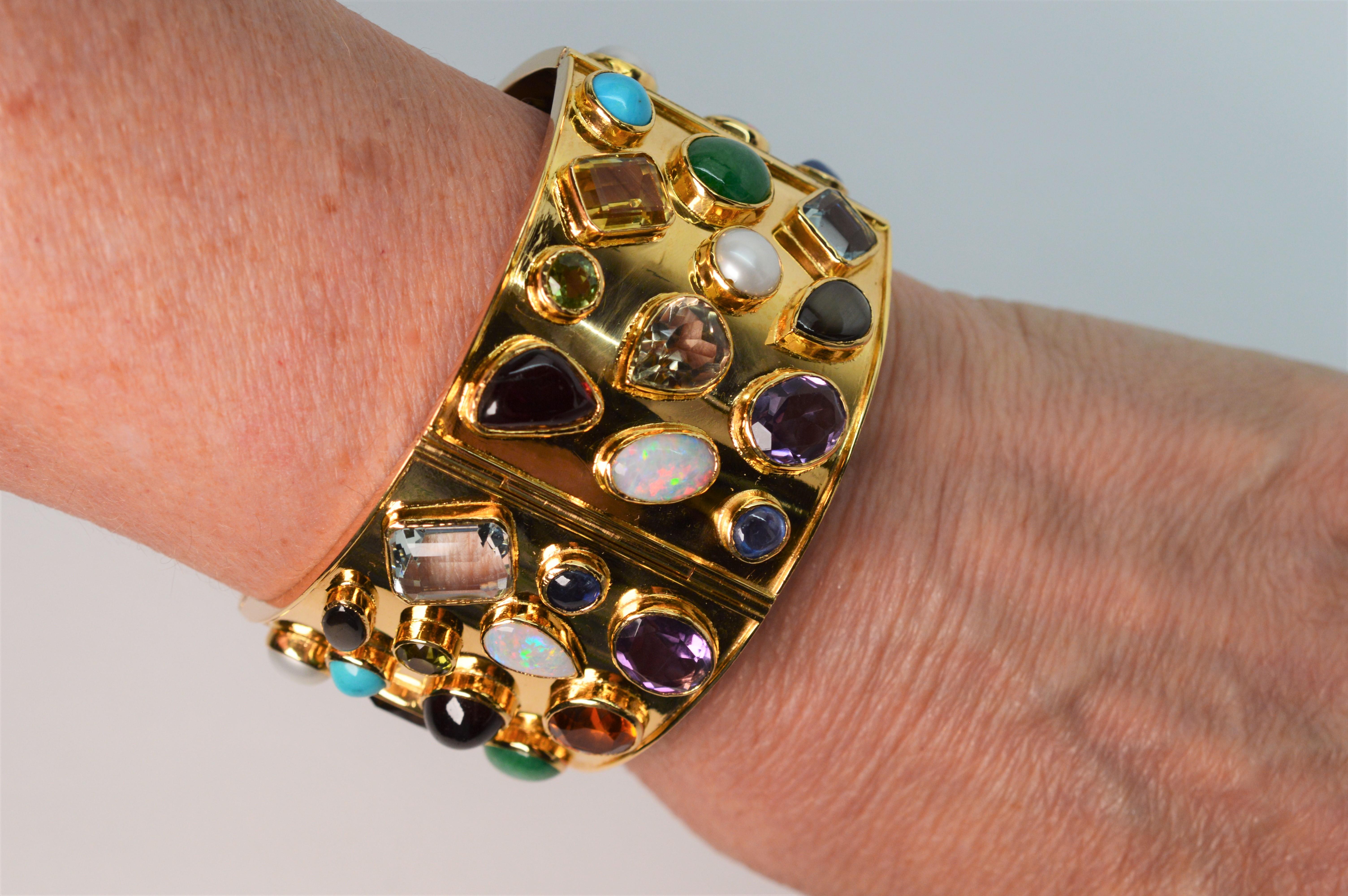 Jeweled Yellow Gold Wide Cuff Bracelet In Excellent Condition In Mount Kisco, NY