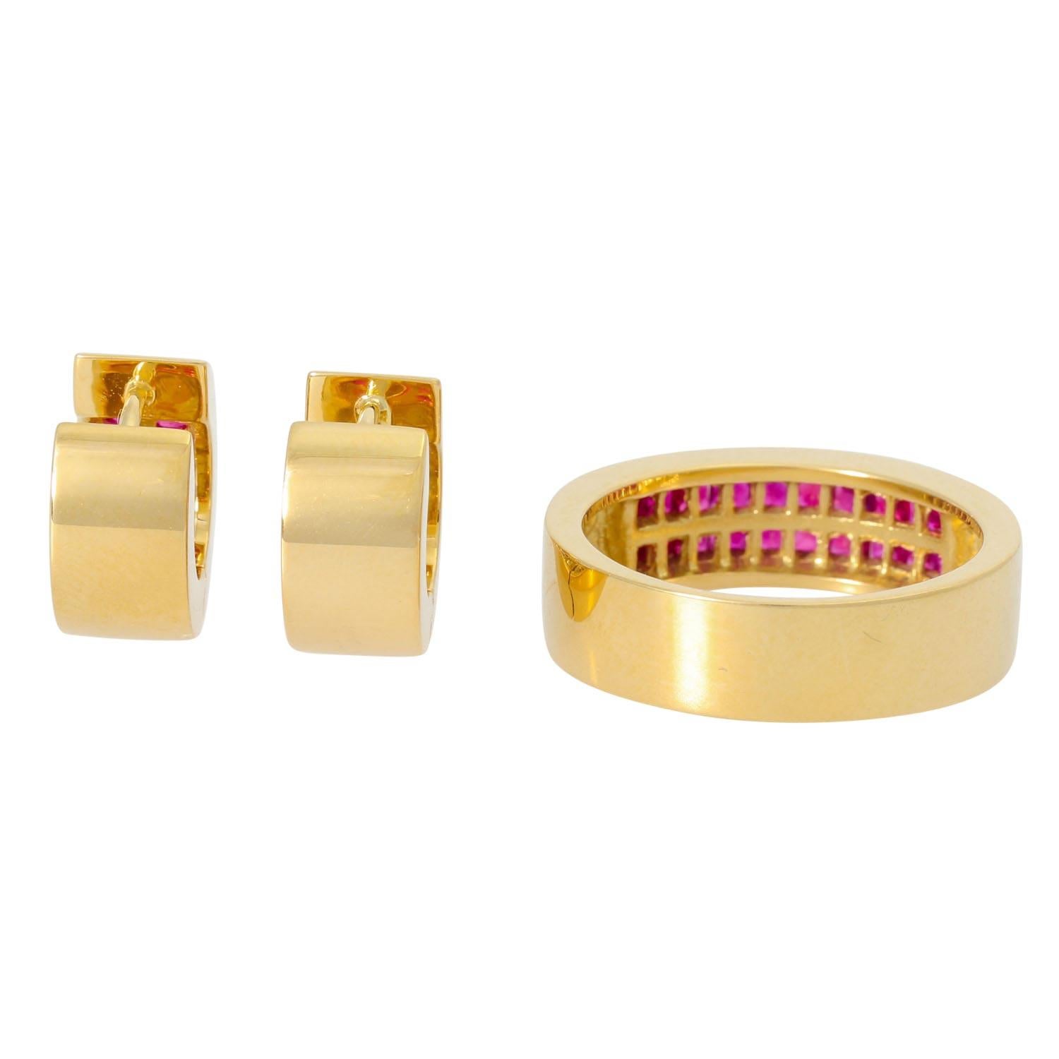 GG 18K, 17,7 g, RW: 57, Klappcreolen D: 13 mm, 20./21. Jh., neuwertig.

 Jewellery set ring and earrings with carré-cut rubies, 18K yellow gold, 17.7 g, ring size 57, earrings D: 13 mm, 20th/21st century, mint condition.
