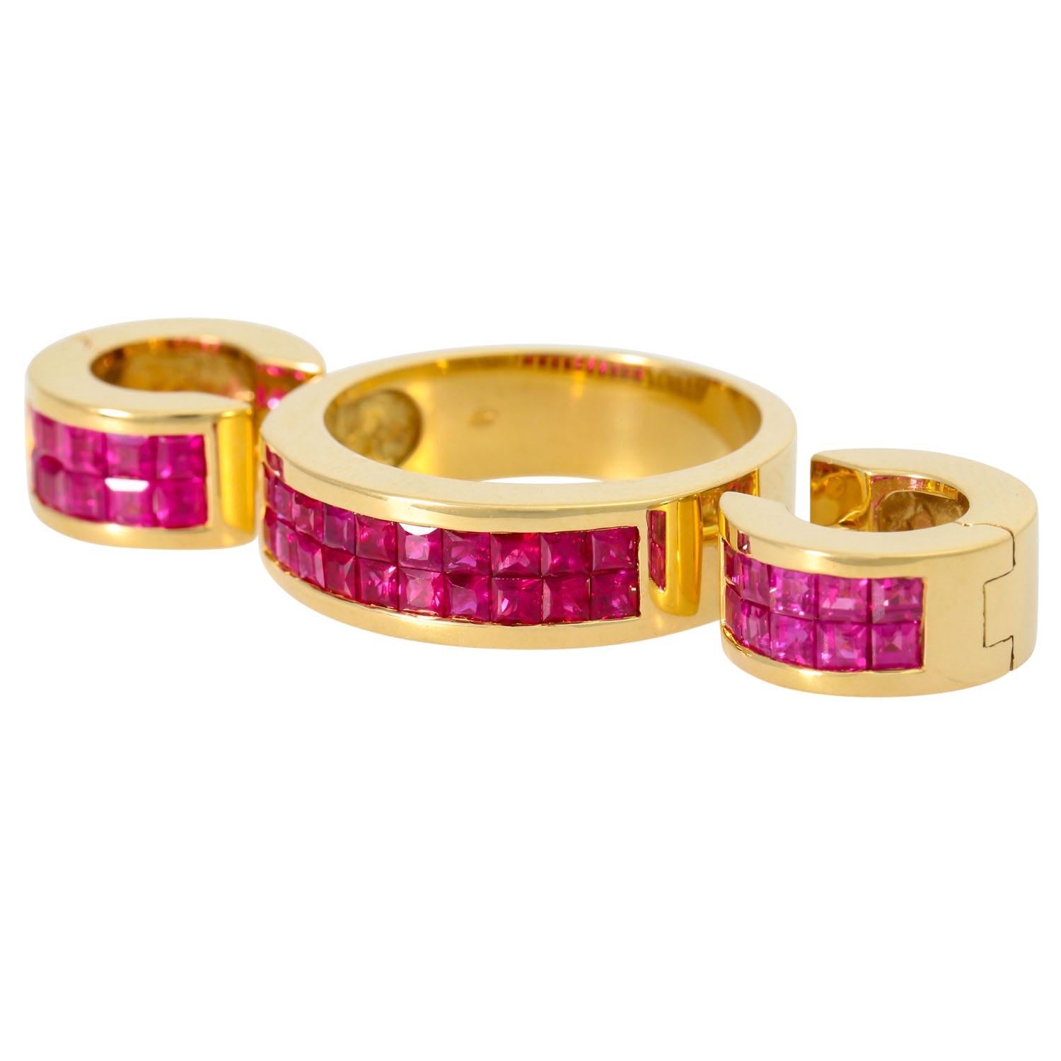 Modern Jewelery Set Ring and Hoop Earrings with Ruby Carrés For Sale