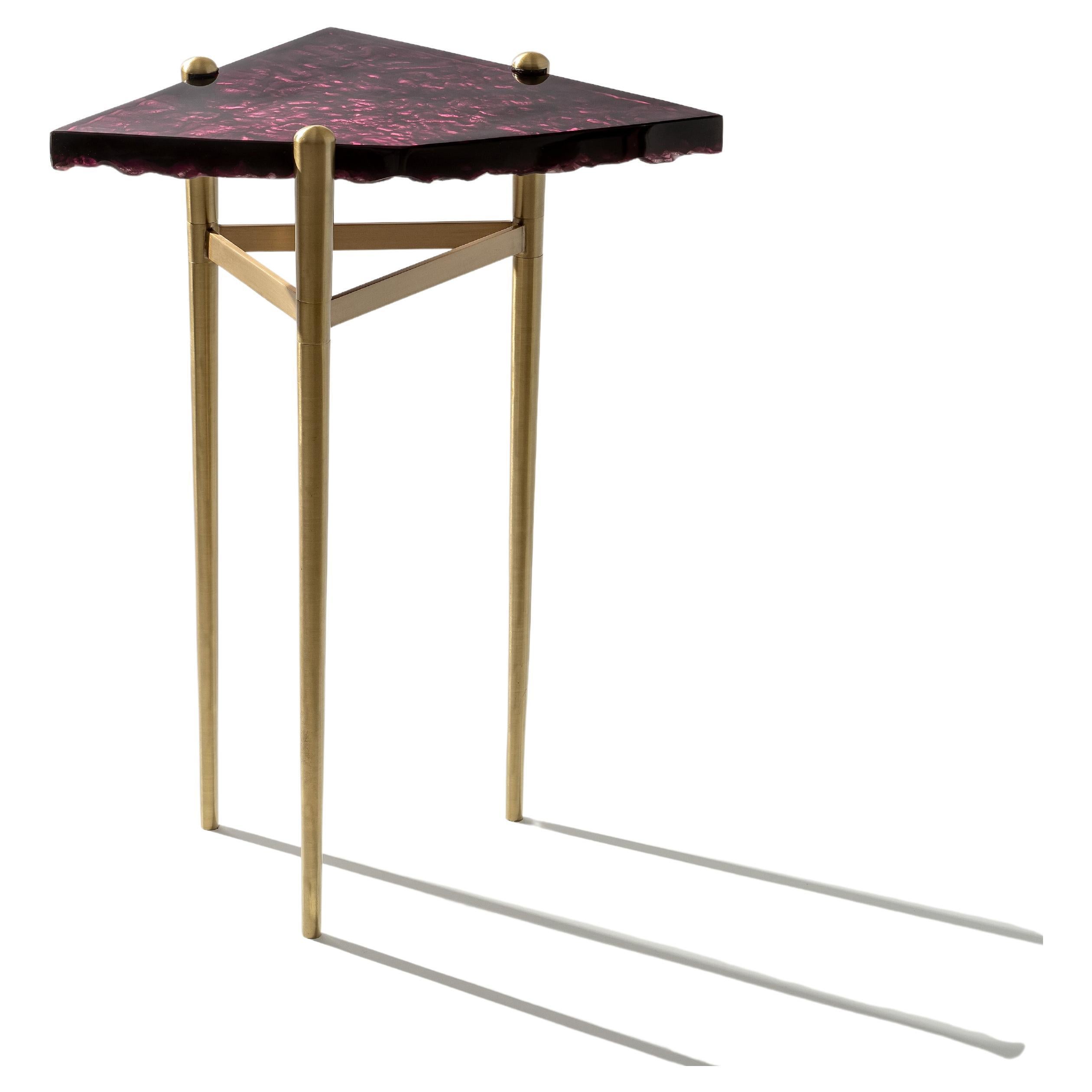 Jewelled Amethyst Accent Side Table in Cast Glass and Brass For Sale