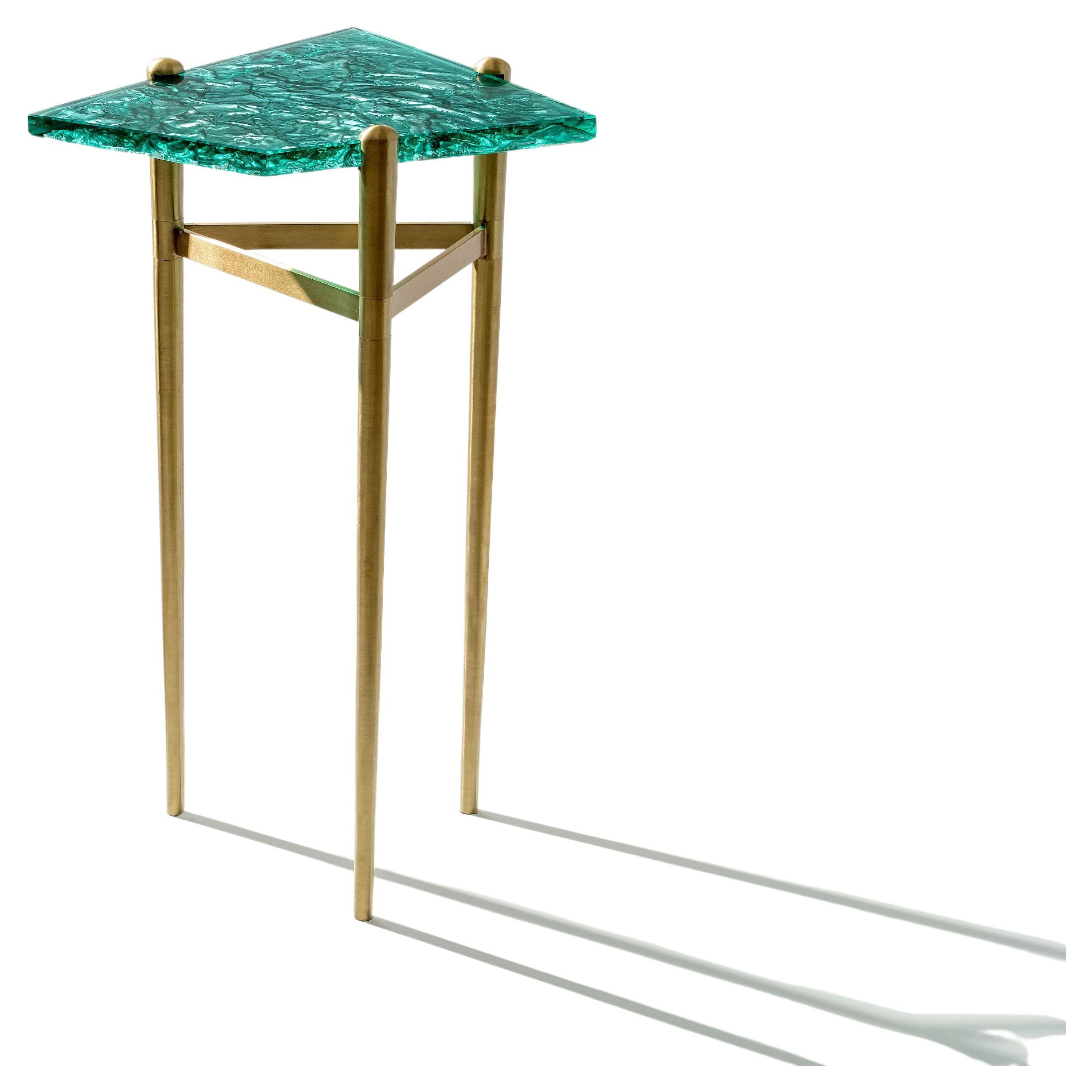 Jewelled Emerald Accent Side Table in Cast Glass and Brass For Sale