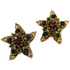 Vintage Jewelled gilt metal and coloured paste 'starfish' earrings, Florenza, 1960s