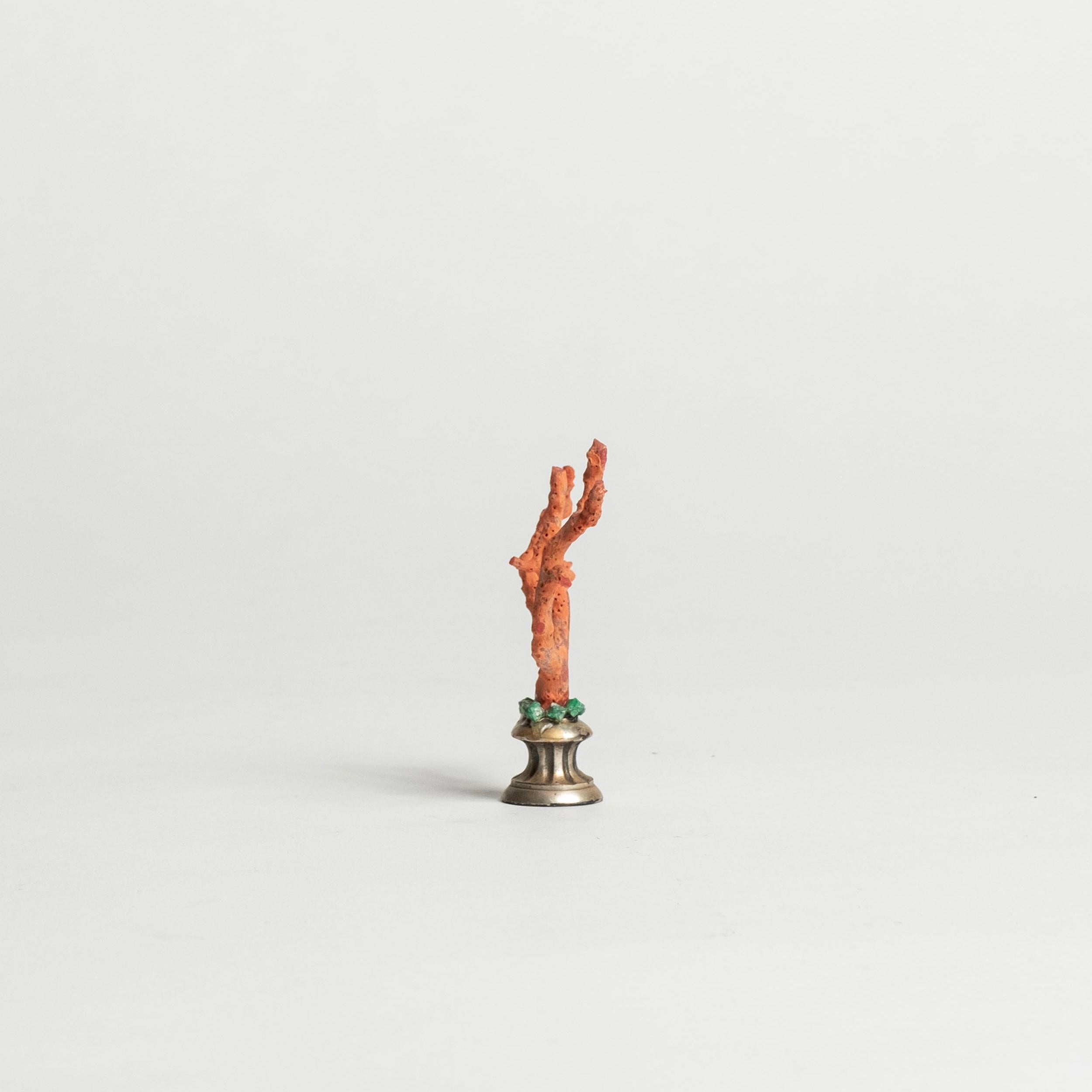 Jewelled Red Coral Sculpture~ 19th Century White Bronze Fragment In Good Condition For Sale In Houston, TX