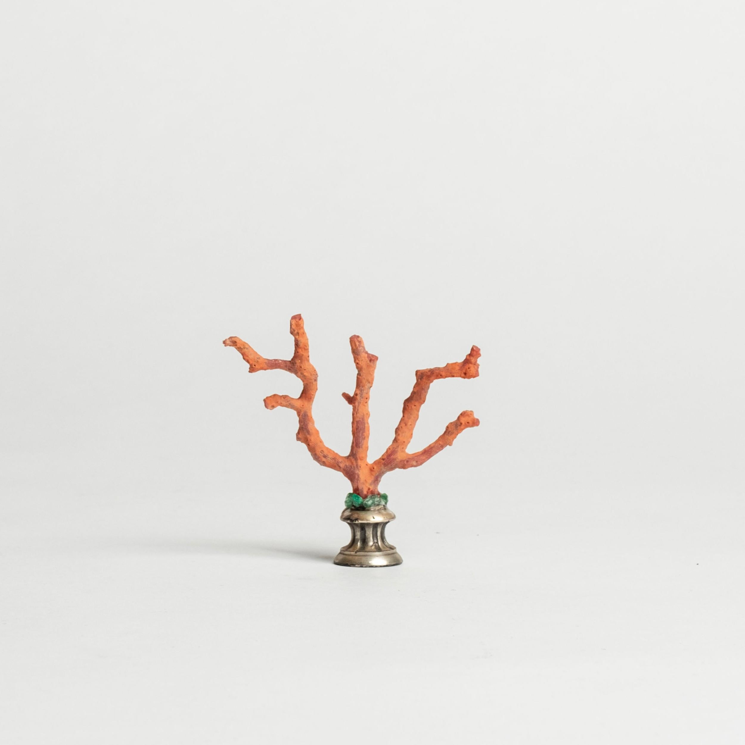 Contemporary Jewelled Red Coral Sculpture~ 19th Century White Bronze Fragment For Sale