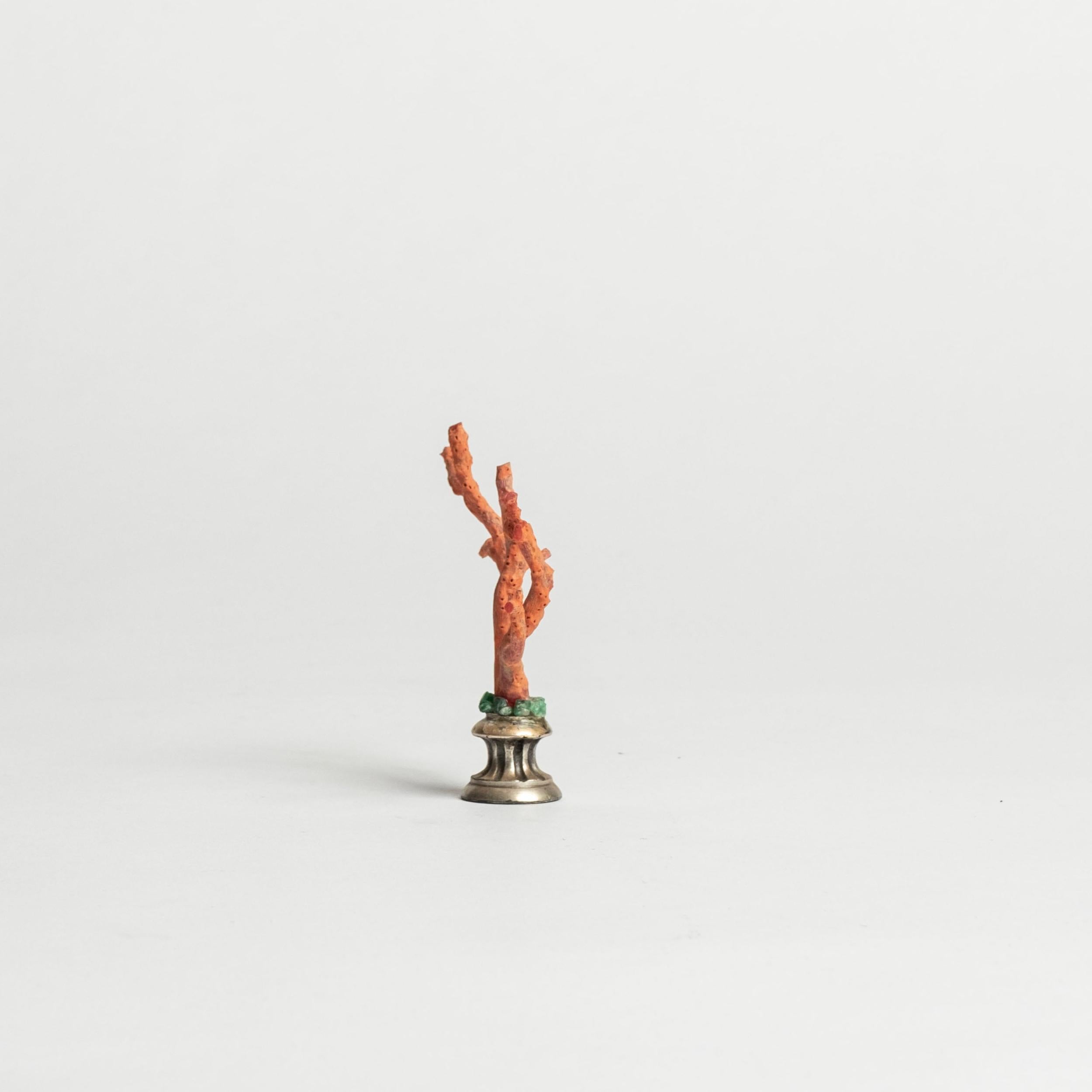 Precious Stone Jewelled Red Coral Sculpture~ 19th Century White Bronze Fragment For Sale