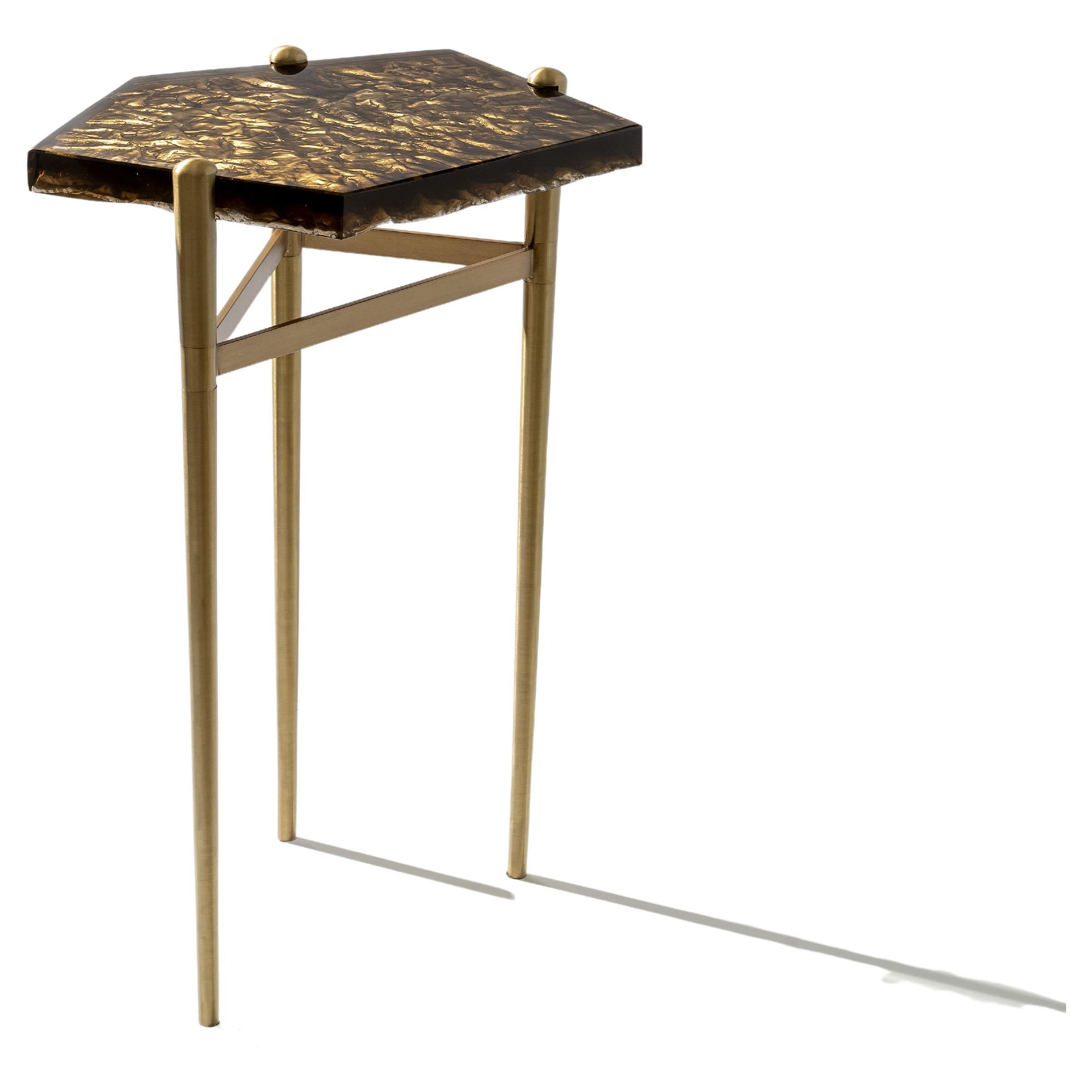 Jewelled Topaz Accent Side Table in Cast Glass and Brass For Sale