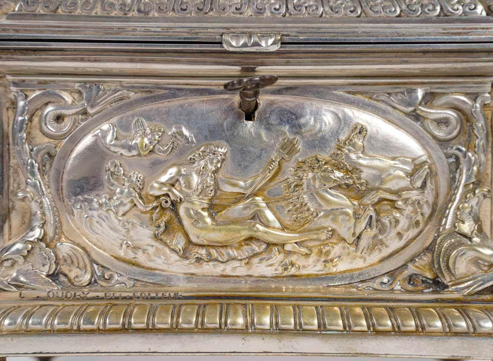 Jewellery box in chased and silvered bronze, 19th century, Napoleon III period.

A jewellery box by Leopold Oudry, 19th century, Napoleon III period, in silvered bronze decorated with mythological scenes in the Renaissance style.
Height: 11cm. W: