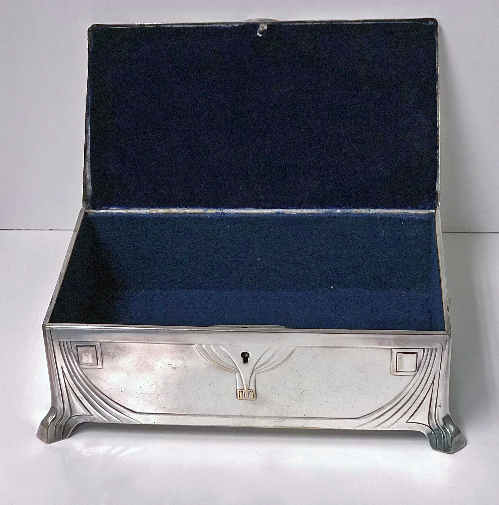 WMF Jugendstil Secessionist Silver plate large Jewellery Box, Germany, C.1906. The box of rectangular shape on four turned stylised supports, conforming in, Germany, C.1906. The box of rectangular shape on four turned stylised supports, conforming