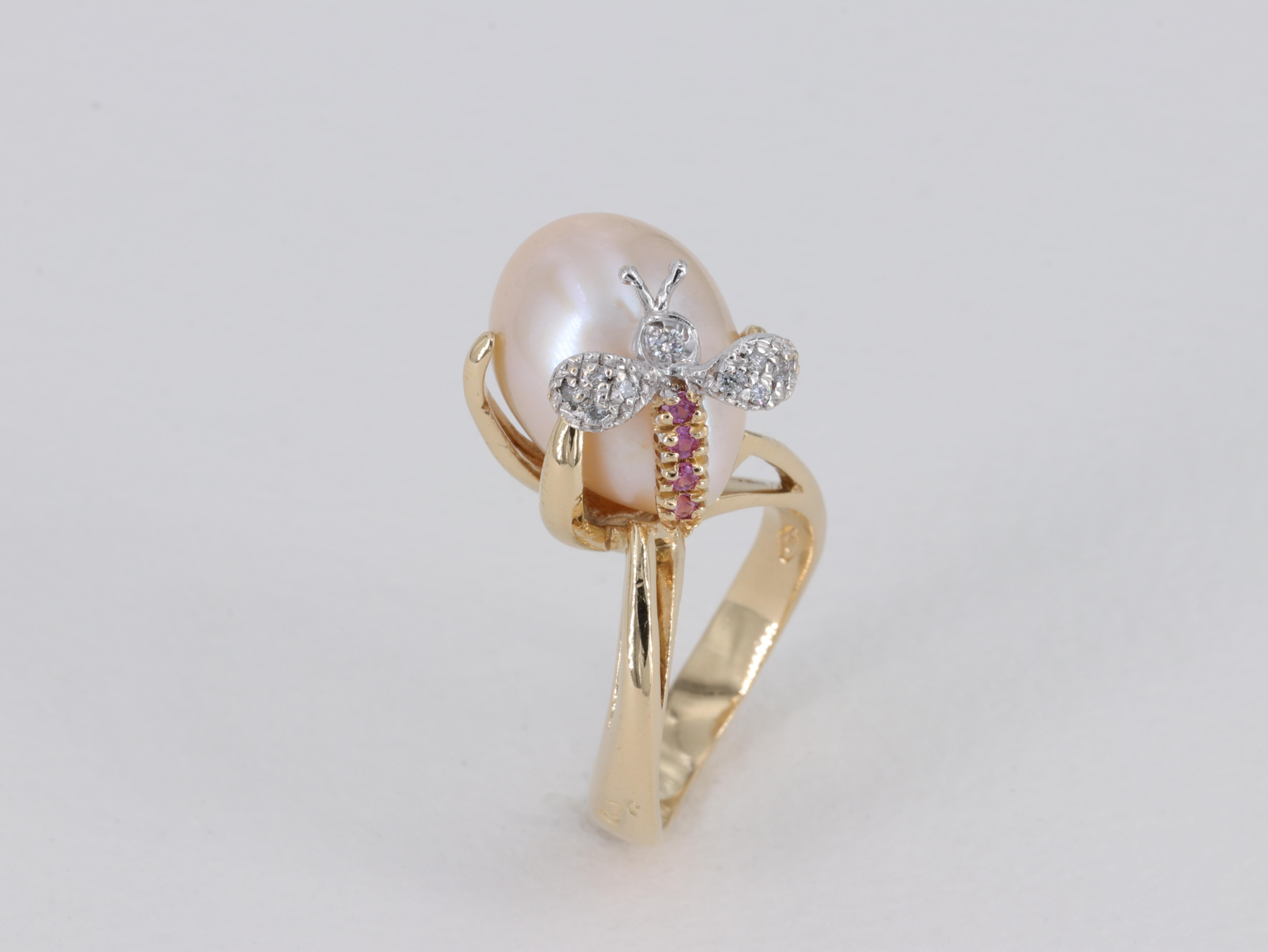 Jewellery Theatre Diamond, Ruby and Pearl Bee Ring For Sale 3