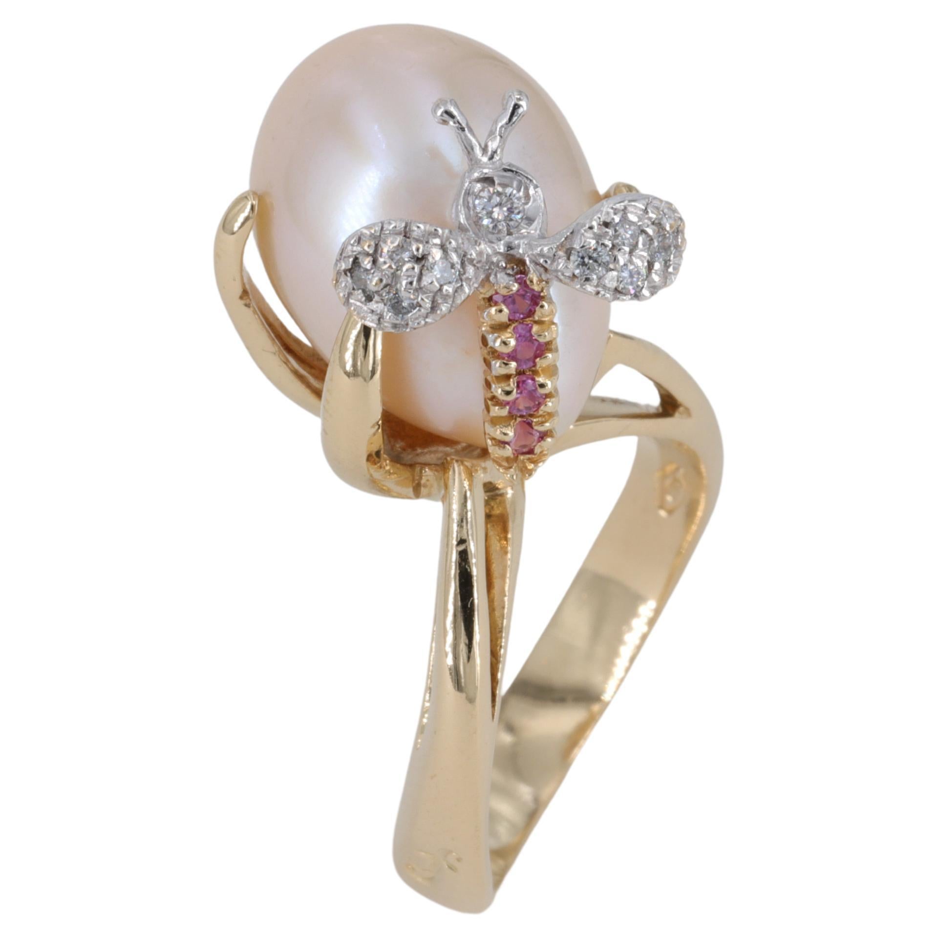 Jewellery Theatre Diamond, Ruby and Pearl Bee Ring For Sale
