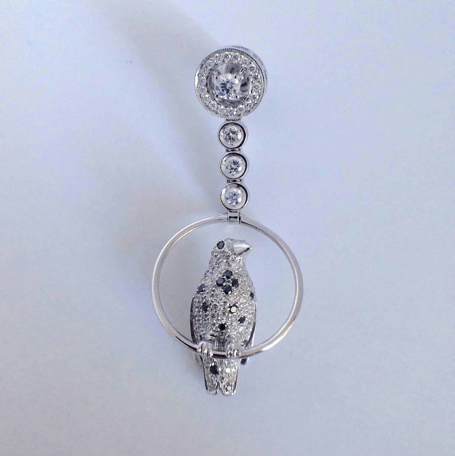 Jewelry Bird White Black Diamond 18 Karat White Gold Drop Earrings Made in Italy For Sale 3