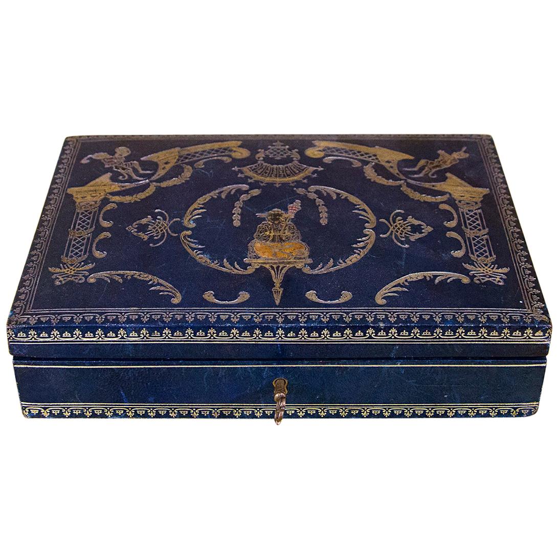 Boîte à bijoux recouverte de cuir marocain bleu Napoléon 3 d'époque en vente