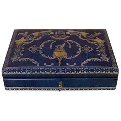 Boîte à bijoux recouverte de cuir marocain bleu Napoléon 3 d'époque