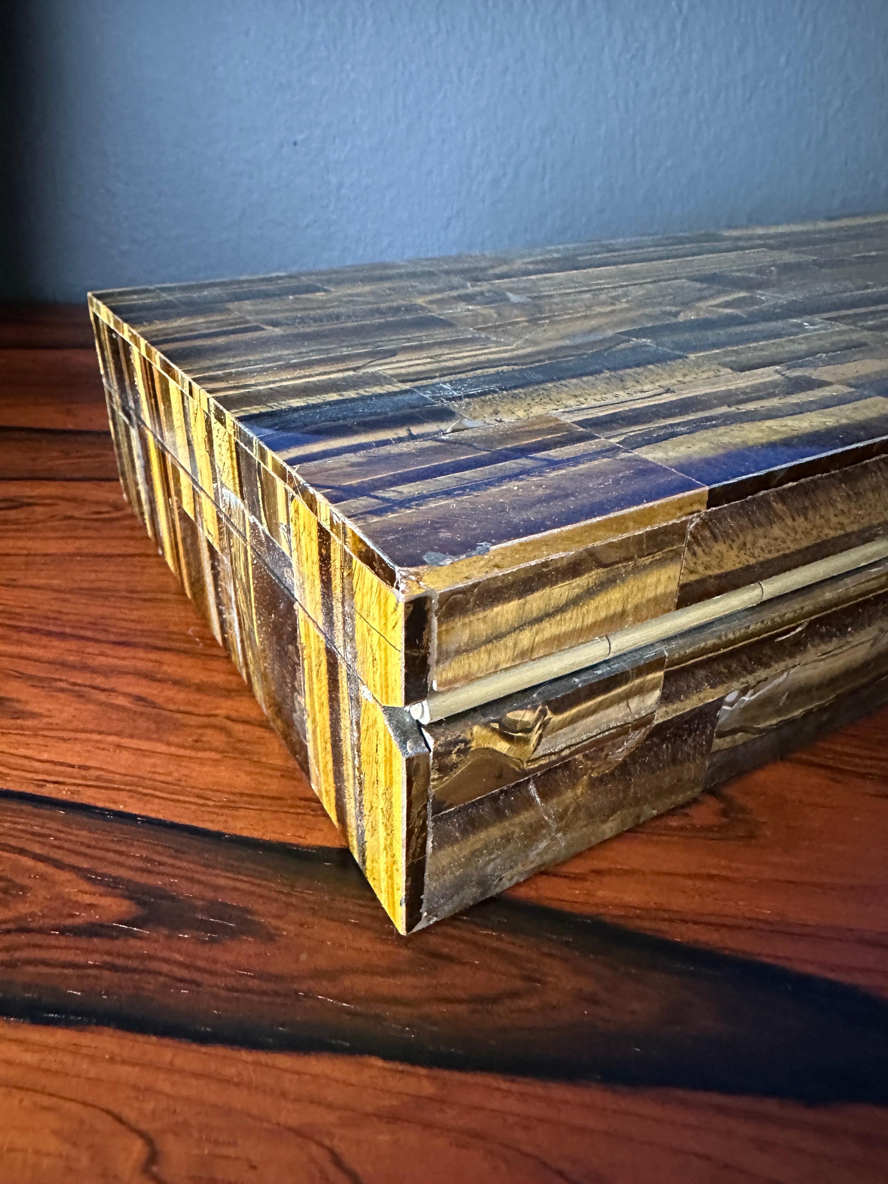 Precious Stone Jewelry Box in Exotic Tigers Eye For Sale