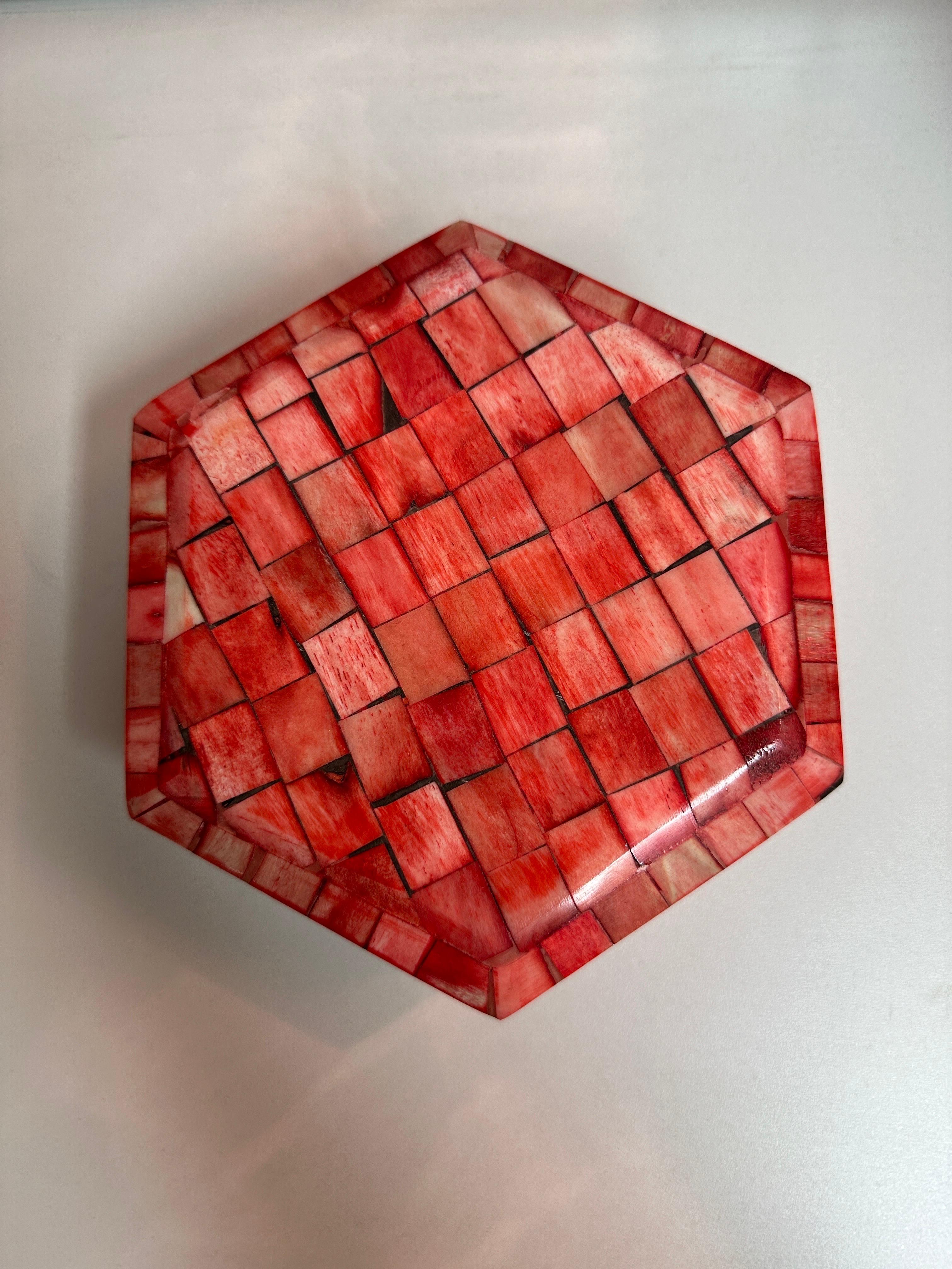Small jewelry box in red dyed tessellated bone in the style of Karl Springer