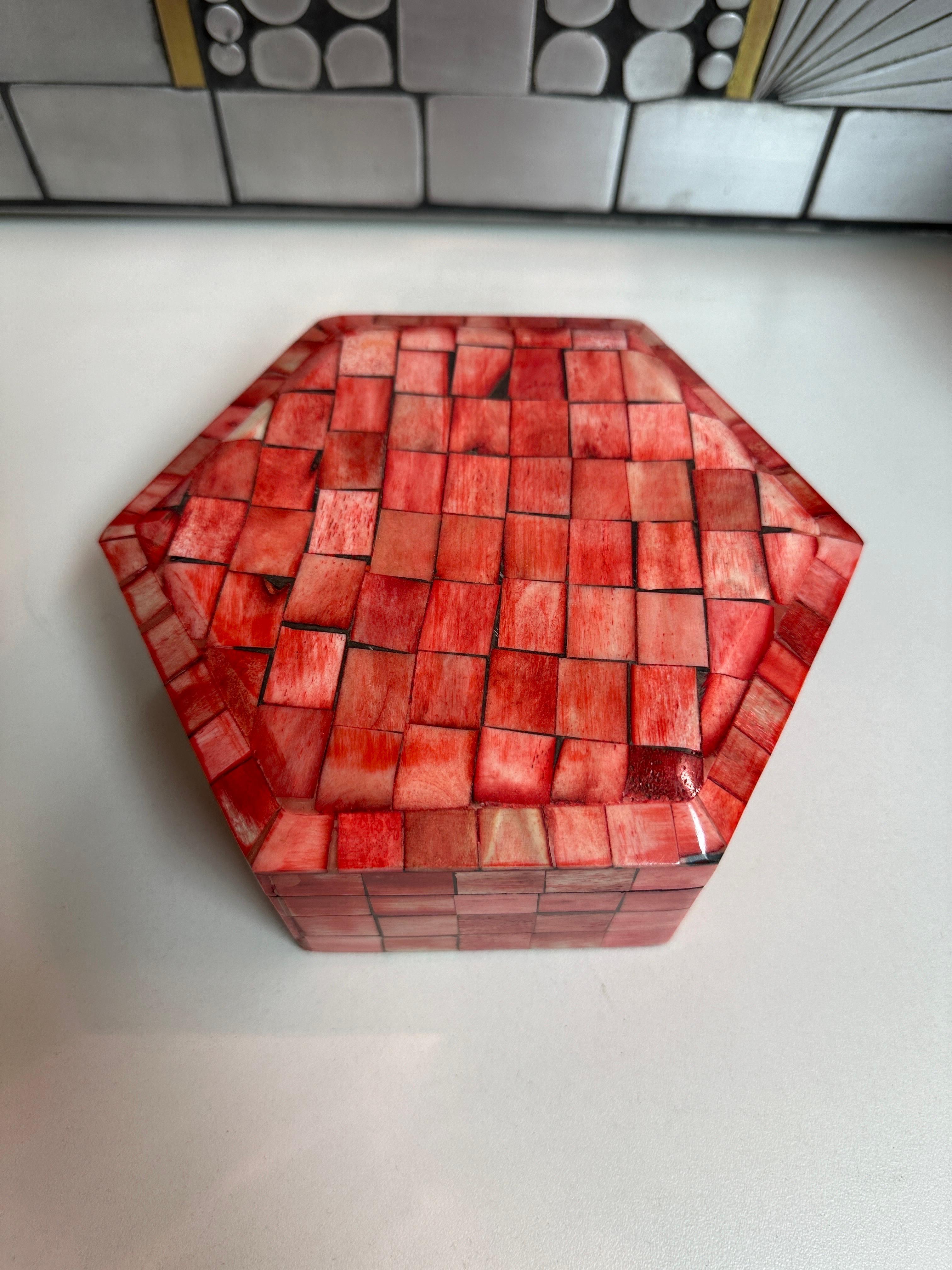 Hollywood Regency Jewelry Box in Red Dyed Tessellated Bone For Sale