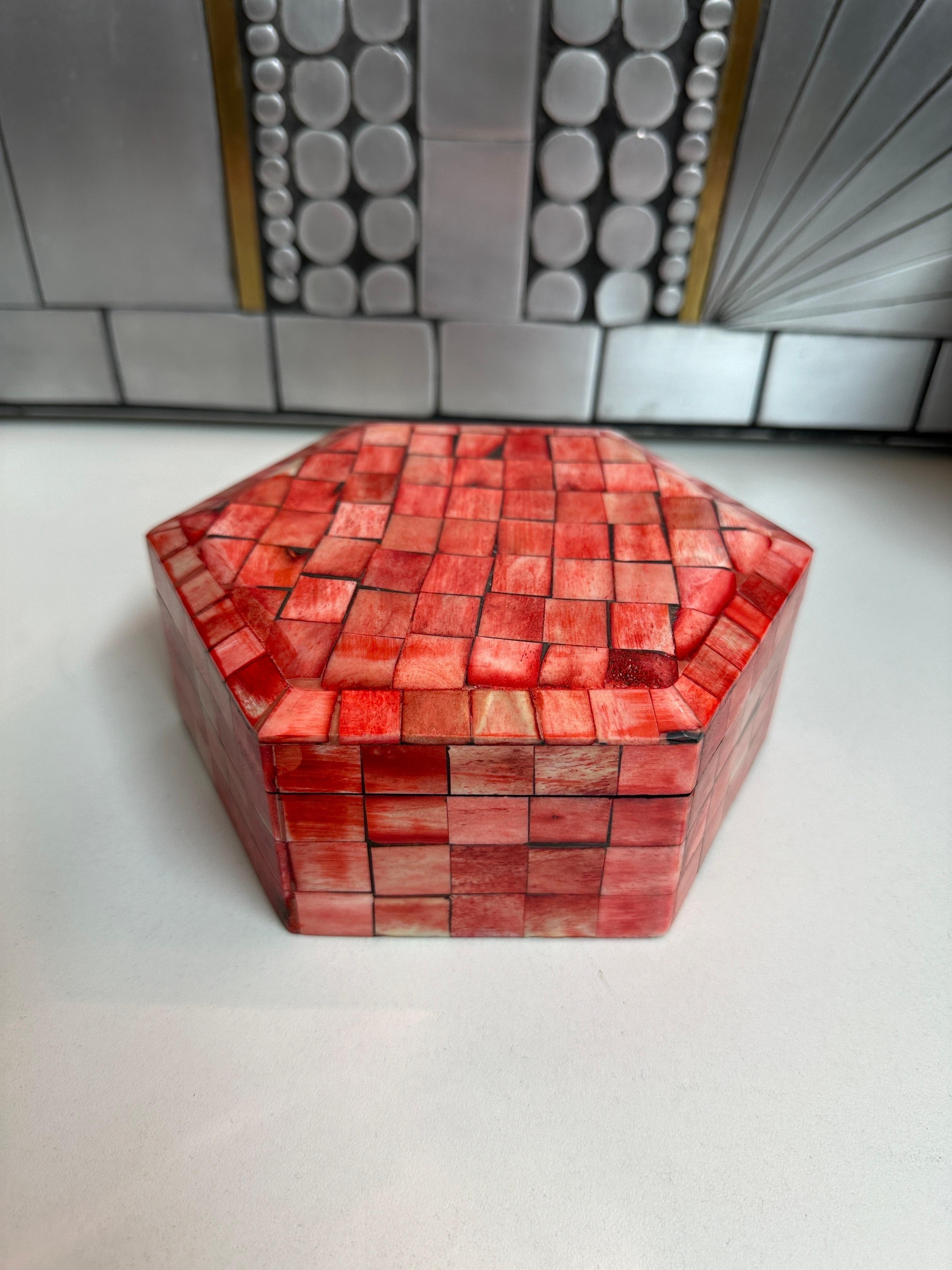 Philippine Jewelry Box in Red Dyed Tessellated Bone For Sale