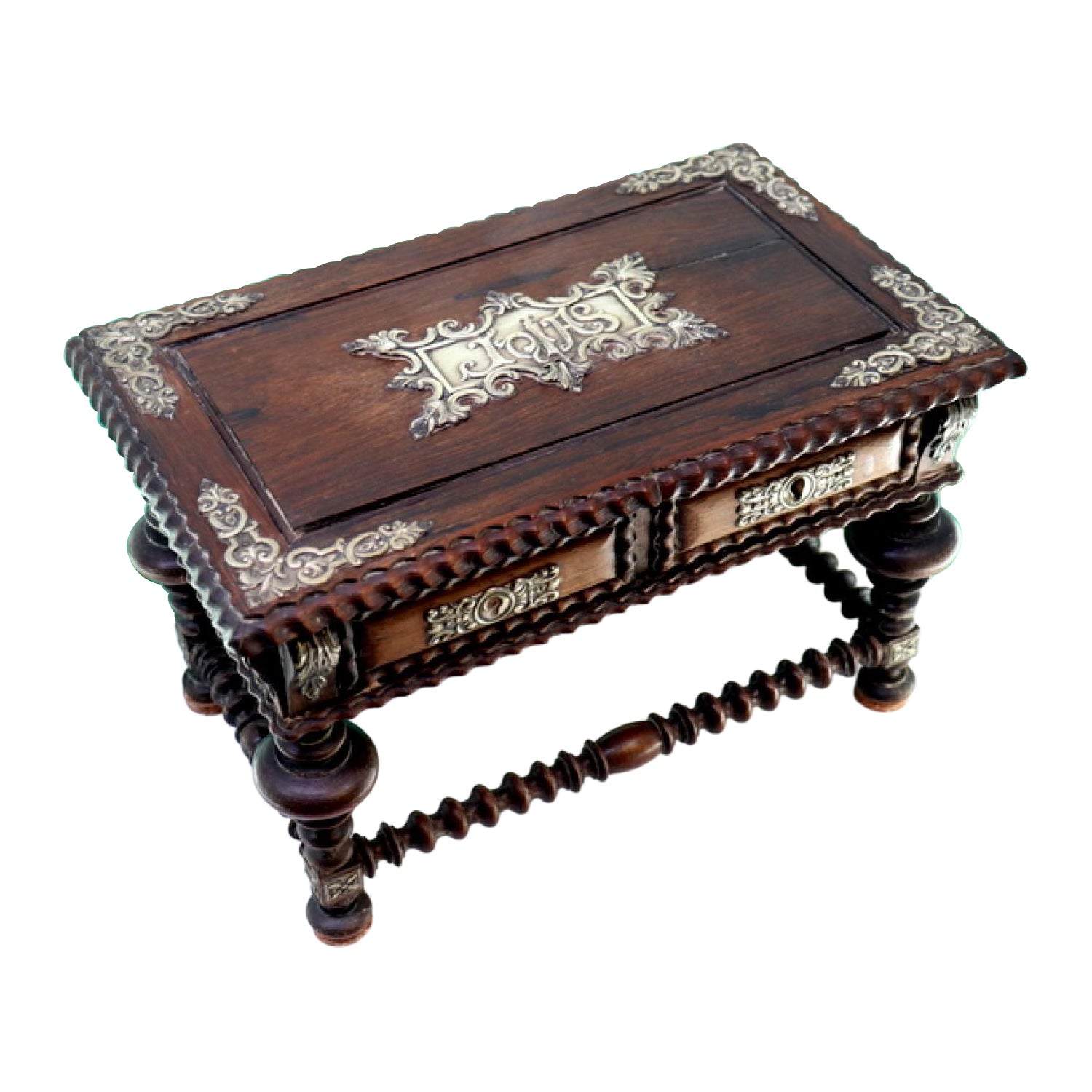 Jewelry box, in rosewood, table-shaped, w/ trembles, turned, silver applications