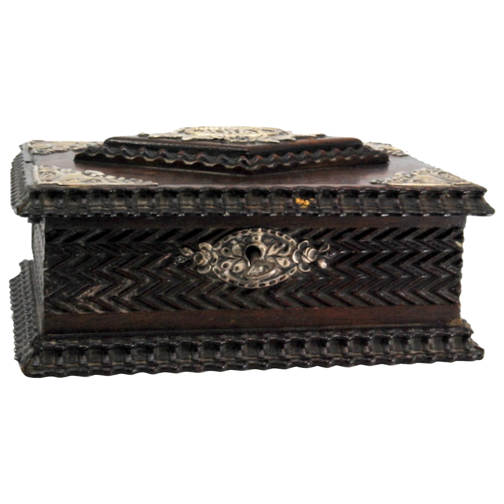 Jewelry box, in rosewood w/ silver applications & the words "jewels" on the lid