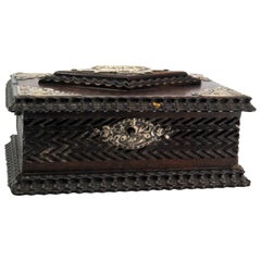 Jewelry box, in rosewood w/ silver applications & the words "jewels" on the lid