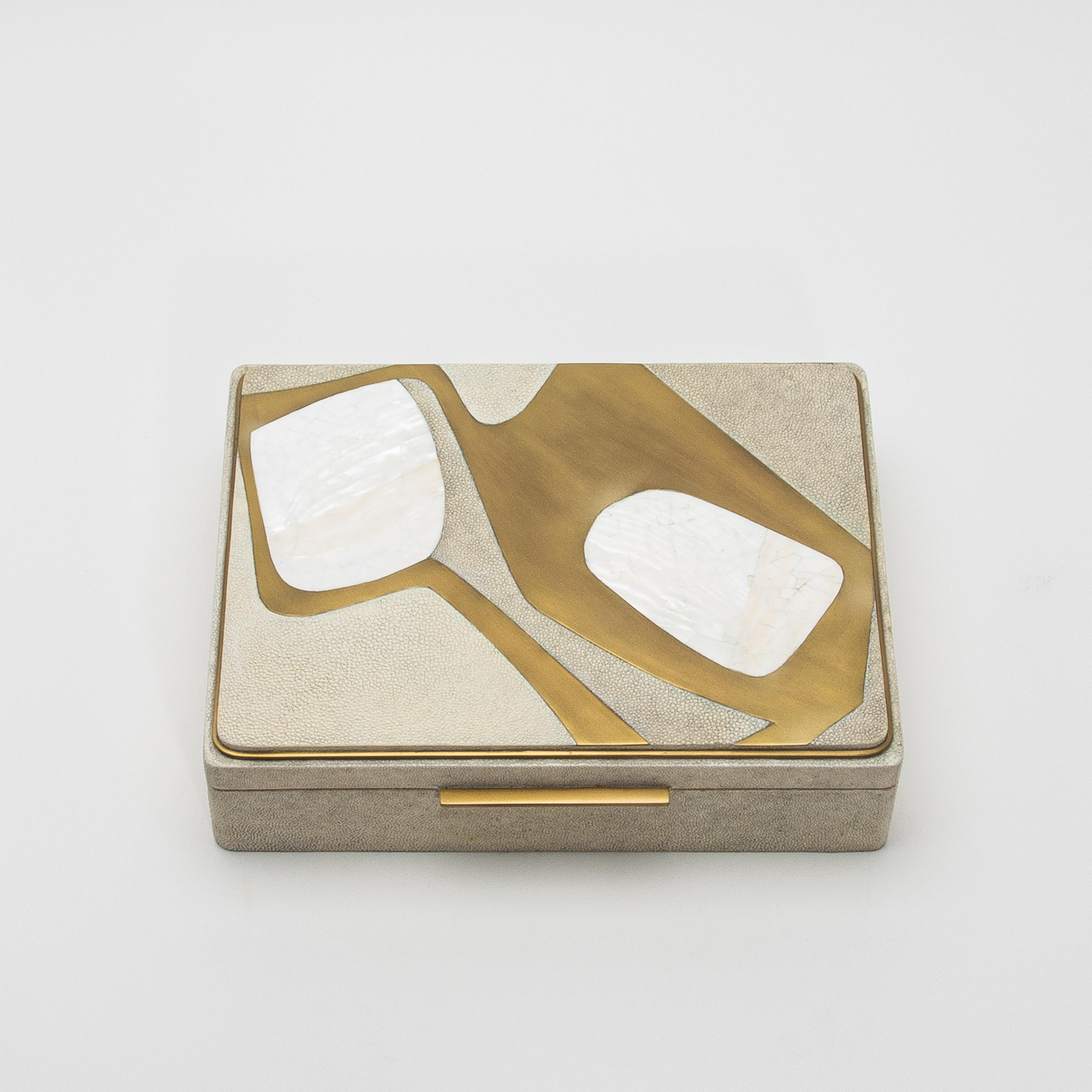 Jewelry Box in Shagreen with Mother of Pearl and Brass Details by R&Y Augousti For Sale 3