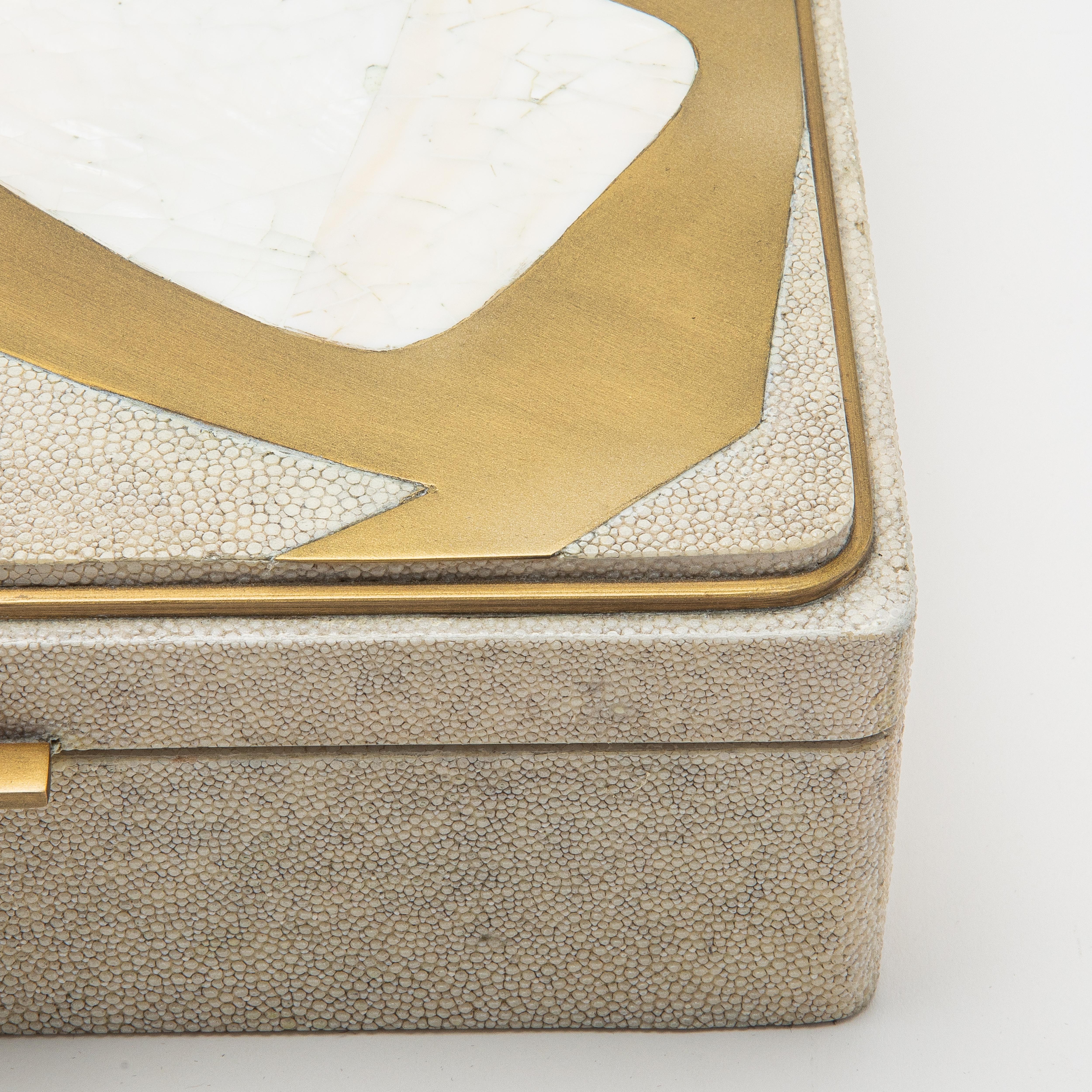 Jewelry Box in Shagreen with Mother of Pearl and Brass Details by R&Y Augousti For Sale 4