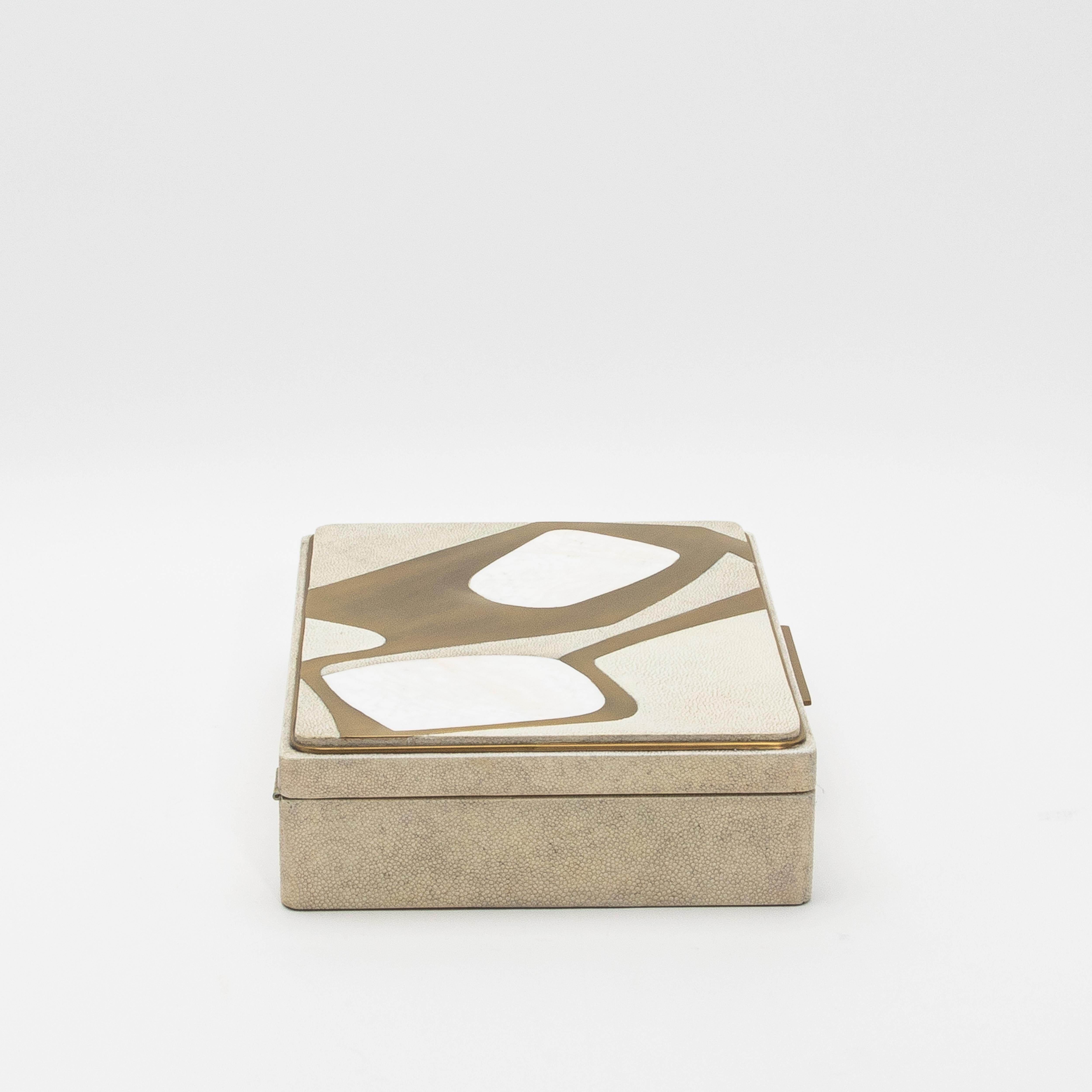 Art Deco Jewelry Box in Shagreen with Mother of Pearl and Brass Details by R&Y Augousti For Sale